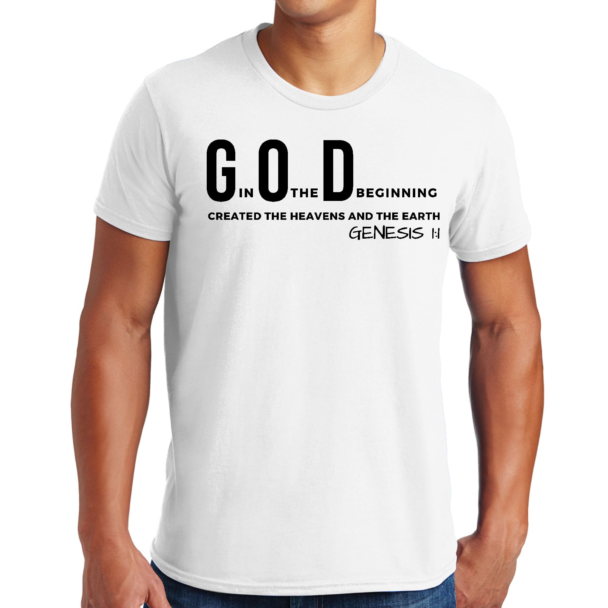 Men's black graphic t-shirt featuring 'God in the Beginning Created The Heavens And The Earth' print, made from soft preshrunk cotton.
