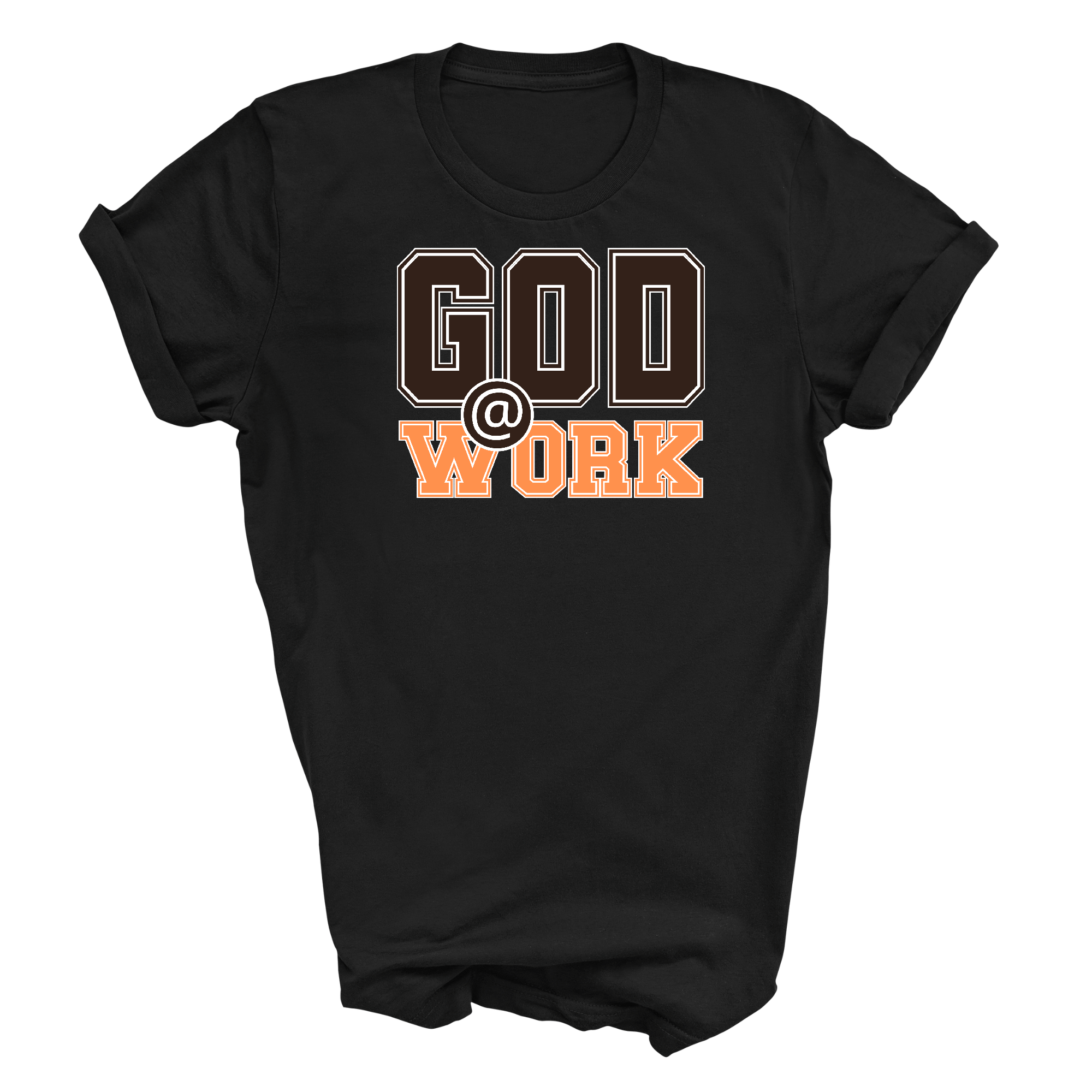 Men's graphic t-shirt featuring 'God @ Work' print in brown and orange colors, made from soft preshrunk cotton.