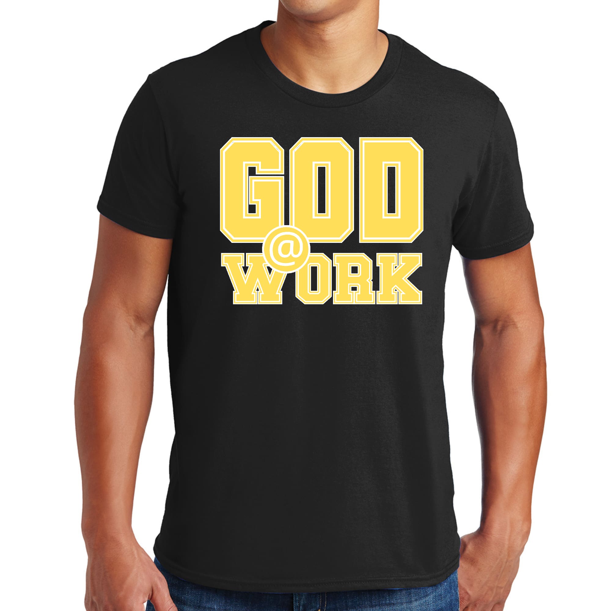 Men's Graphic T-shirt in black featuring 'God @ Work' printed in yellow and white, showcasing a comfortable fit and quality fabric.