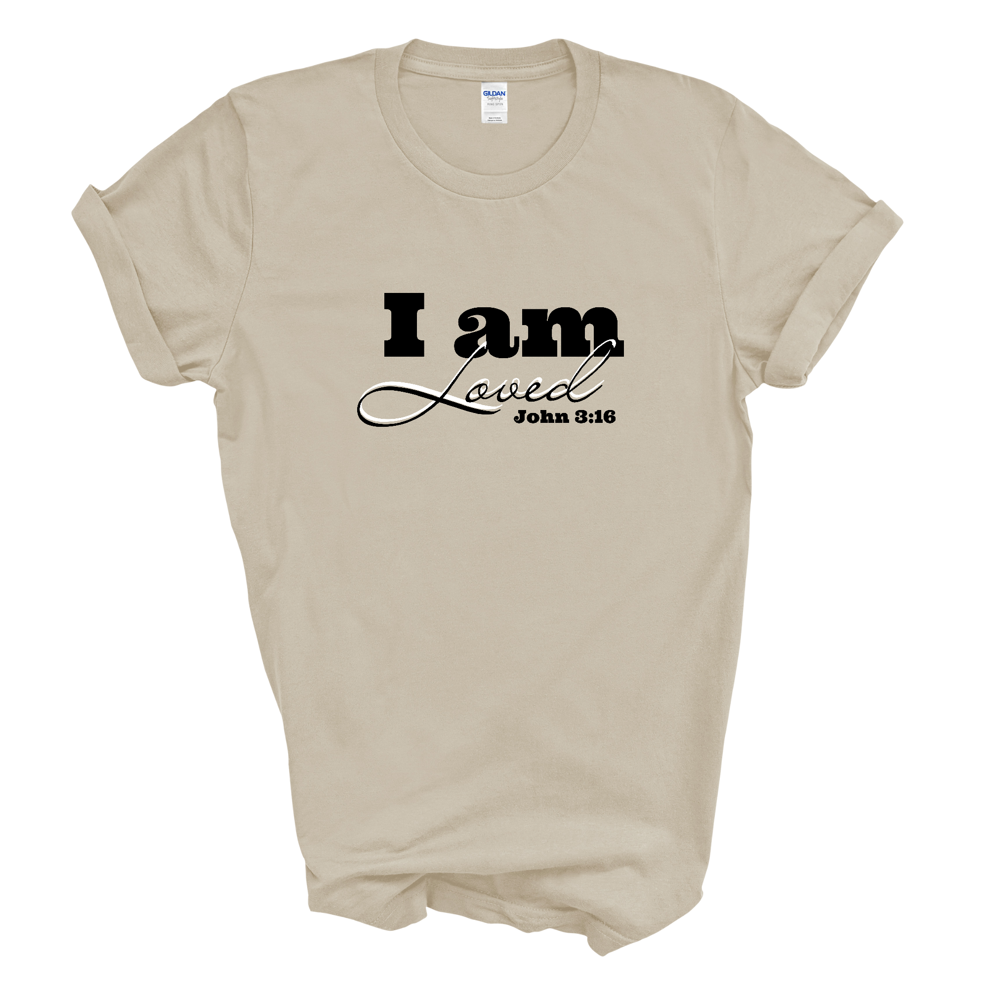 Men's black graphic t-shirt featuring 'I Am Loved' John 3:16 illustration, made from soft preshrunk cotton.