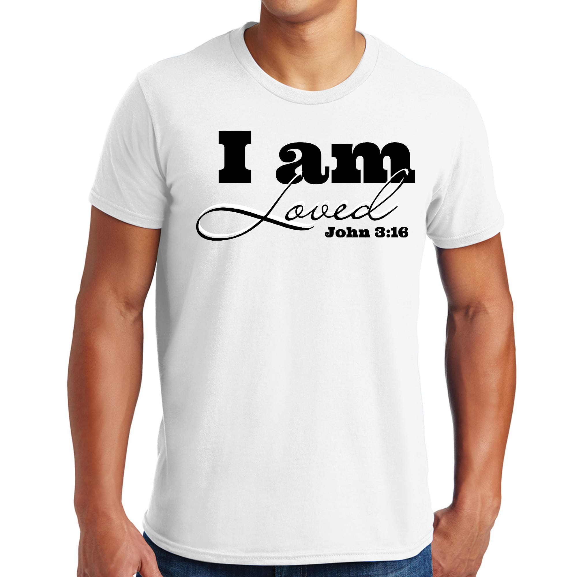 Men's black graphic t-shirt featuring 'I Am Loved' John 3:16 illustration, made from soft preshrunk cotton.