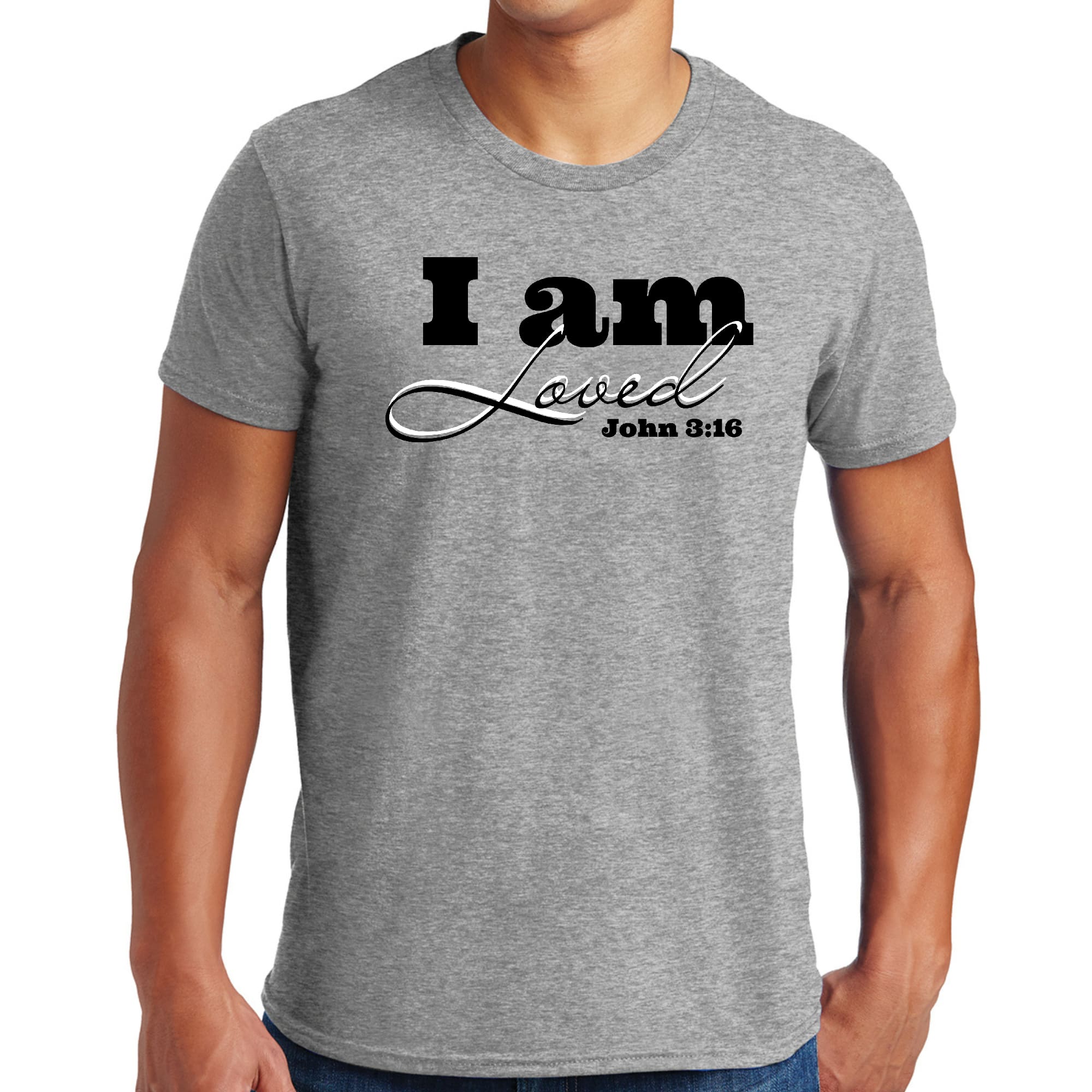 Men's black graphic t-shirt featuring 'I Am Loved' John 3:16 illustration, made from soft preshrunk cotton.