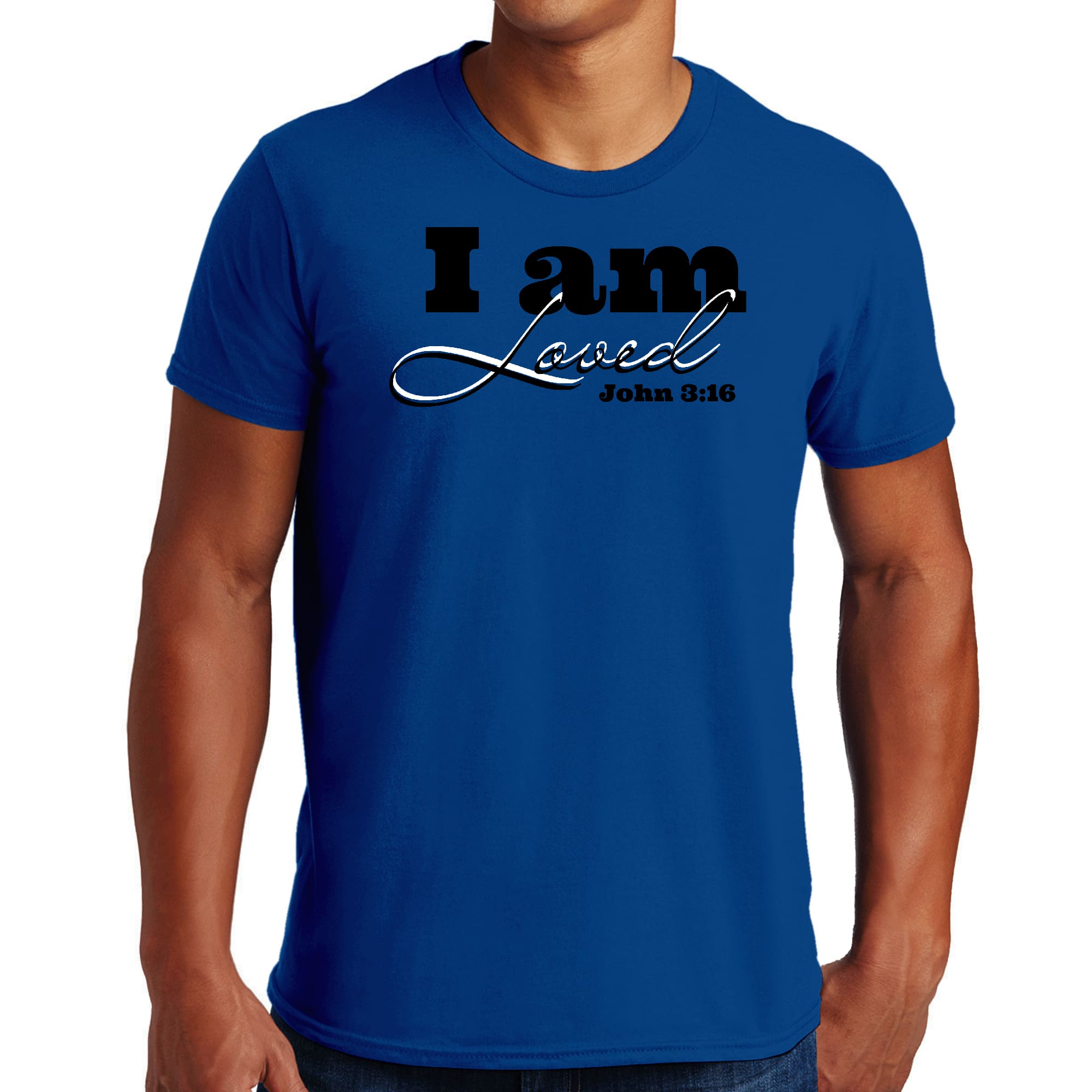 Men's black graphic t-shirt featuring 'I Am Loved' John 3:16 illustration, made from soft preshrunk cotton.