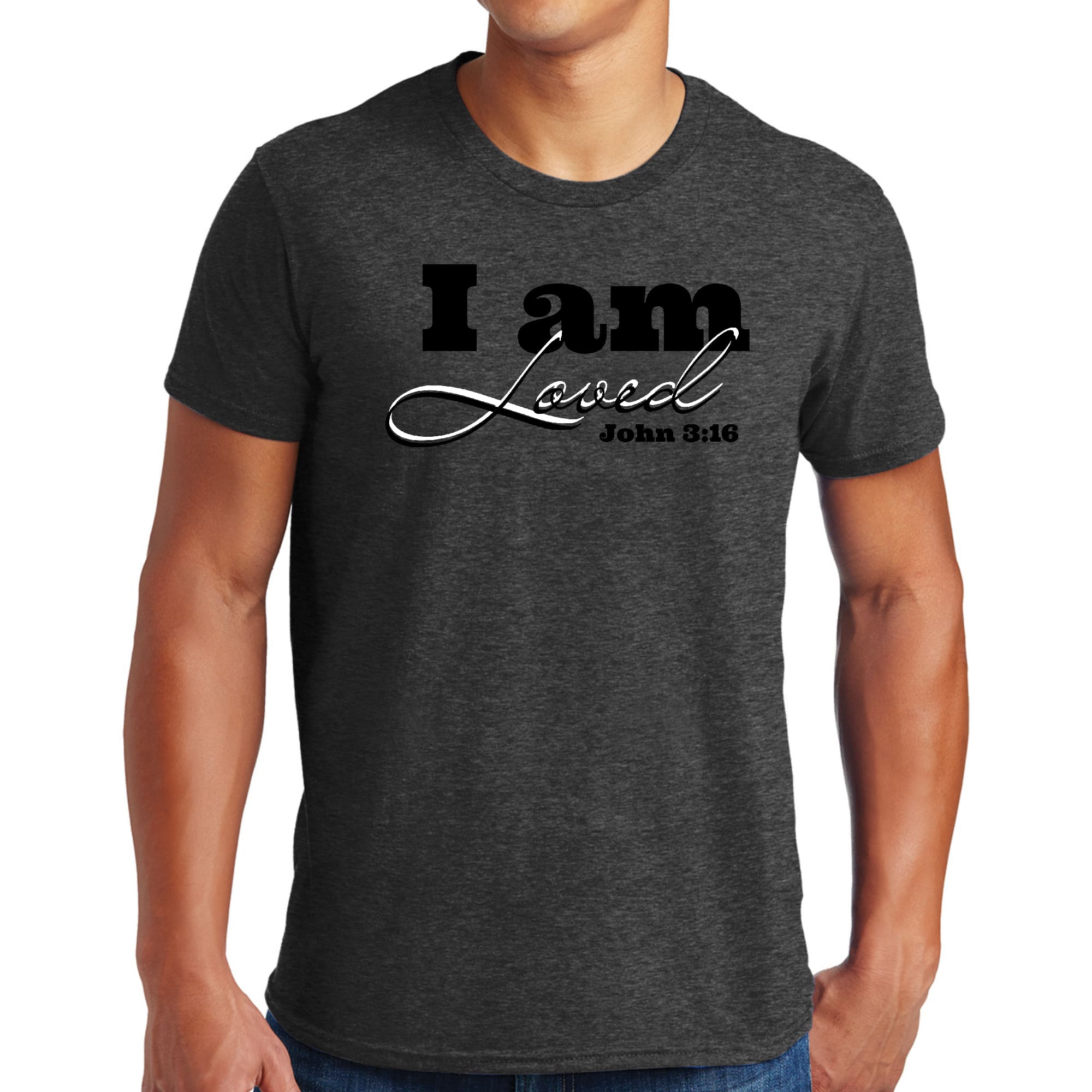 Men's black graphic t-shirt featuring 'I Am Loved' John 3:16 illustration, made from soft preshrunk cotton.