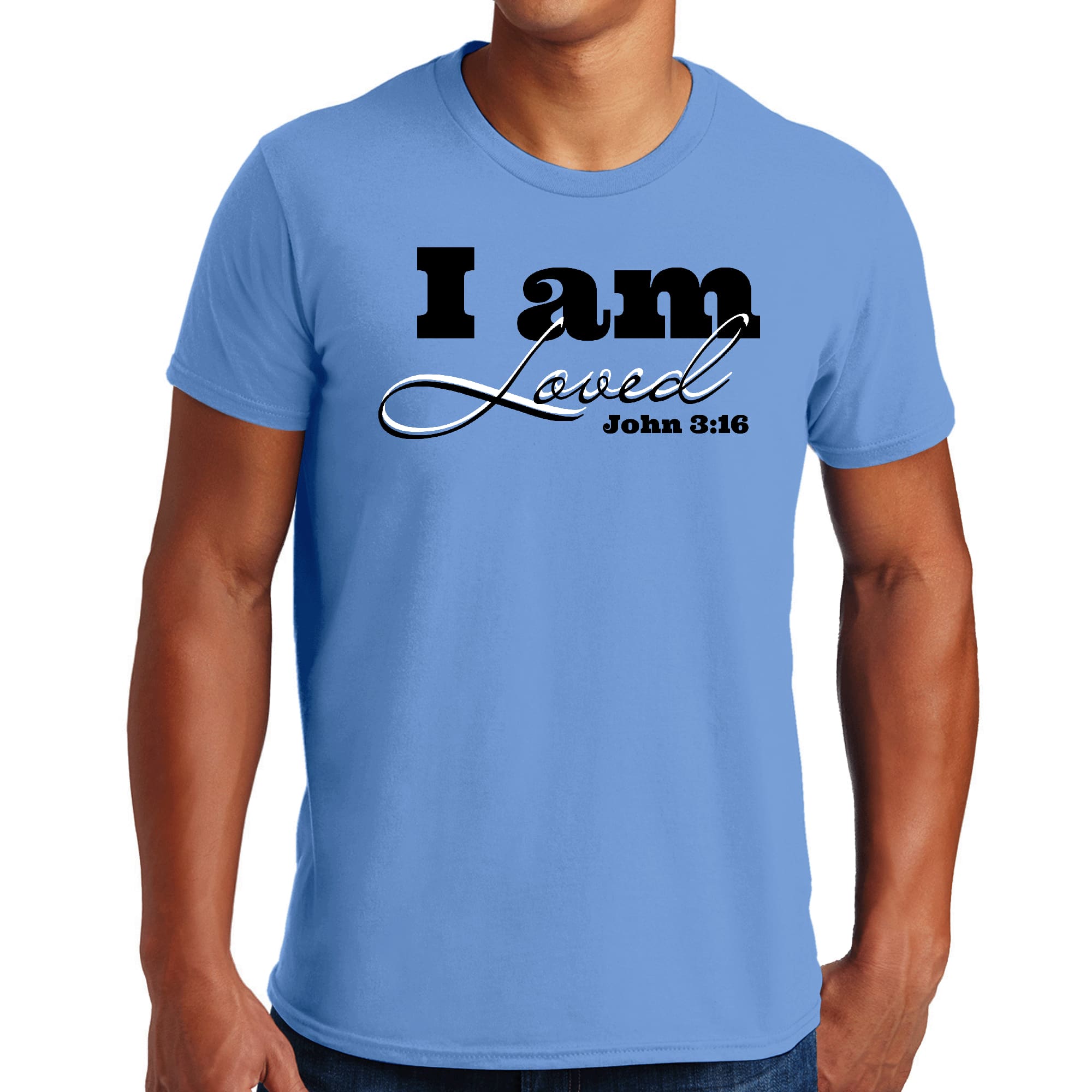 Men's black graphic t-shirt featuring 'I Am Loved' John 3:16 illustration, made from soft preshrunk cotton.