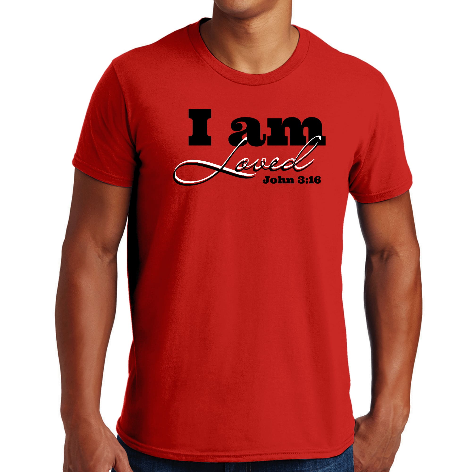 Men's black graphic t-shirt featuring 'I Am Loved' John 3:16 illustration, made from soft preshrunk cotton.