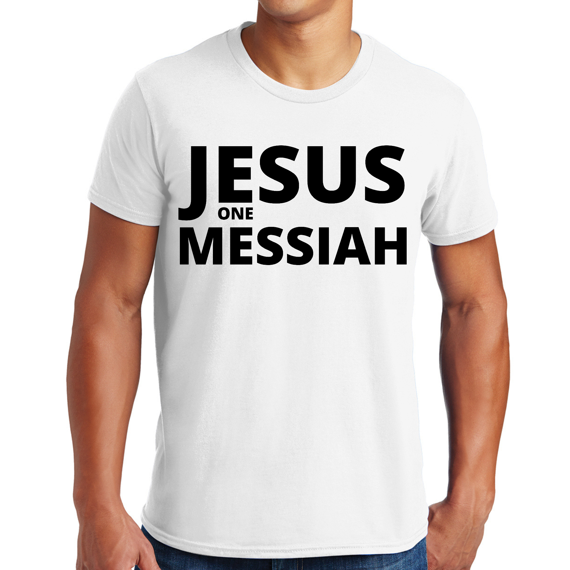 Men's Graphic T-shirt featuring a black illustration of Jesus, the one Messiah, on a soft cotton fabric.