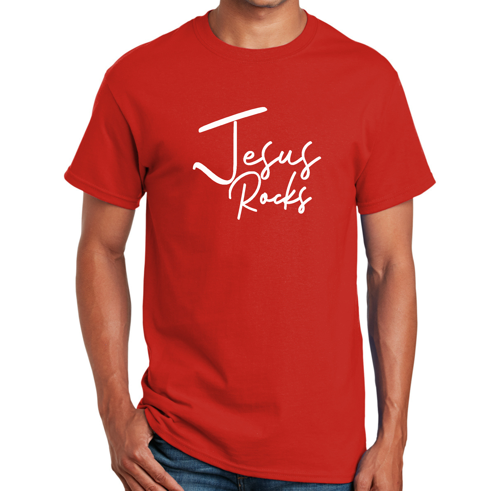 Men's Graphic T-shirt with 'Jesus Rocks' print, made from soft preshrunk cotton, featuring a classic crewneck design.