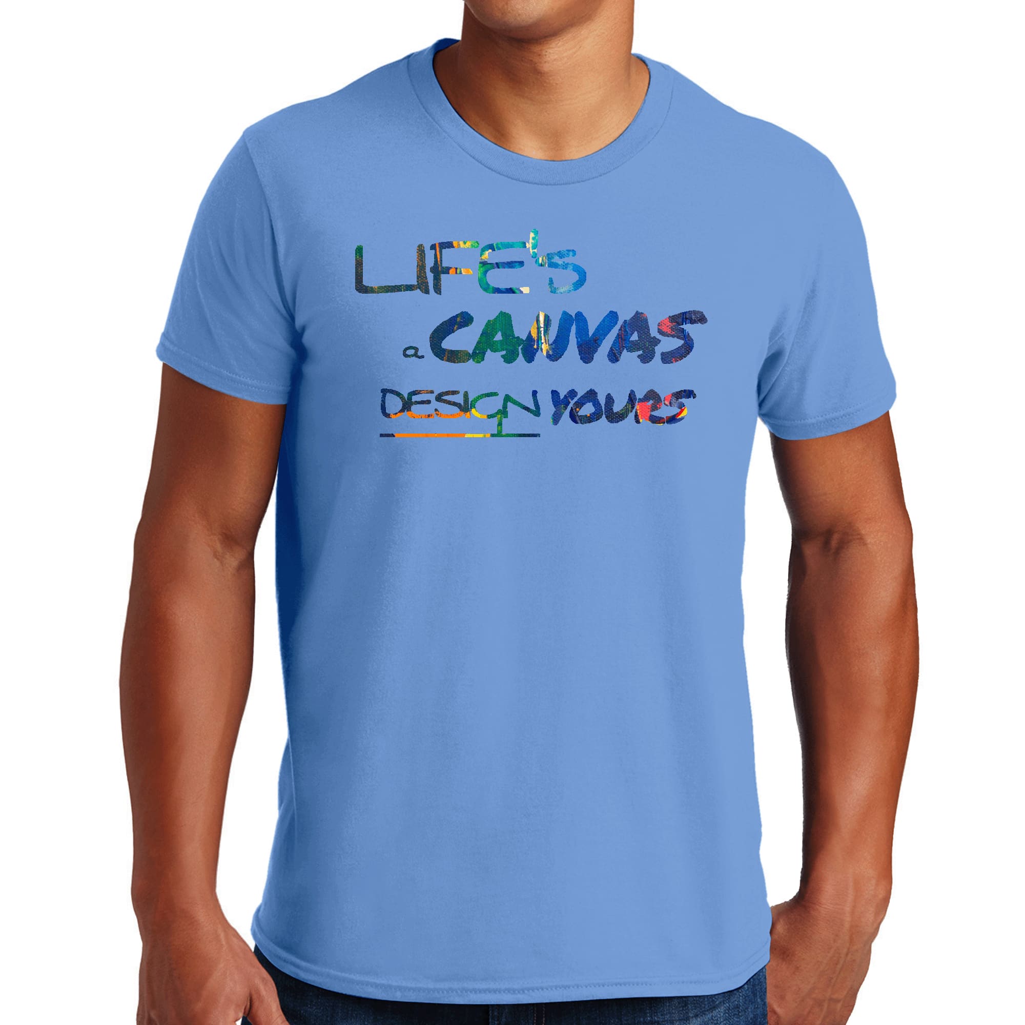Men's Graphic T-shirt in black featuring 'Life's a Canvas' motivational design, available in sizes S-5XL.