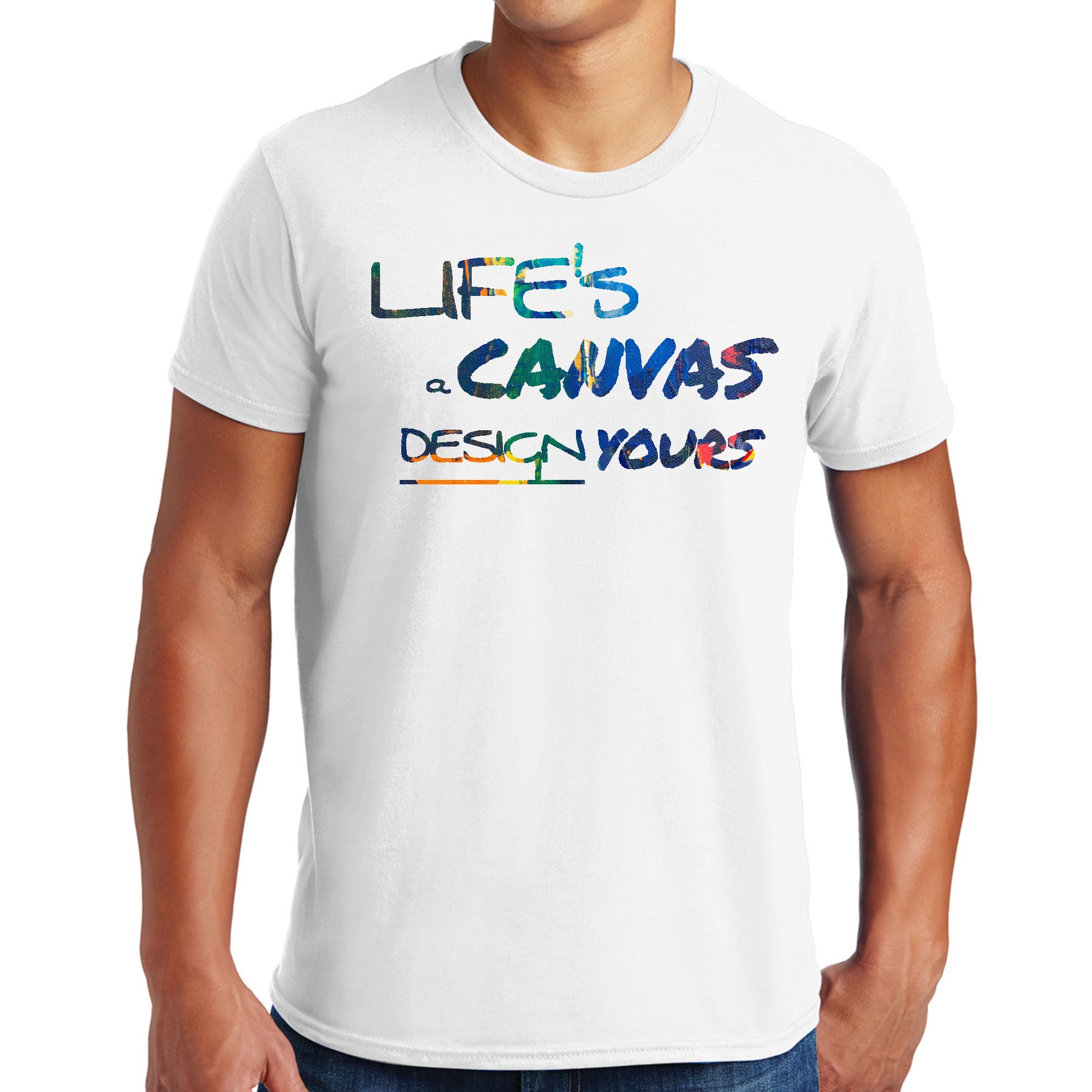 Men's Graphic T-shirt in black featuring 'Life's a Canvas' motivational design, available in sizes S-5XL.