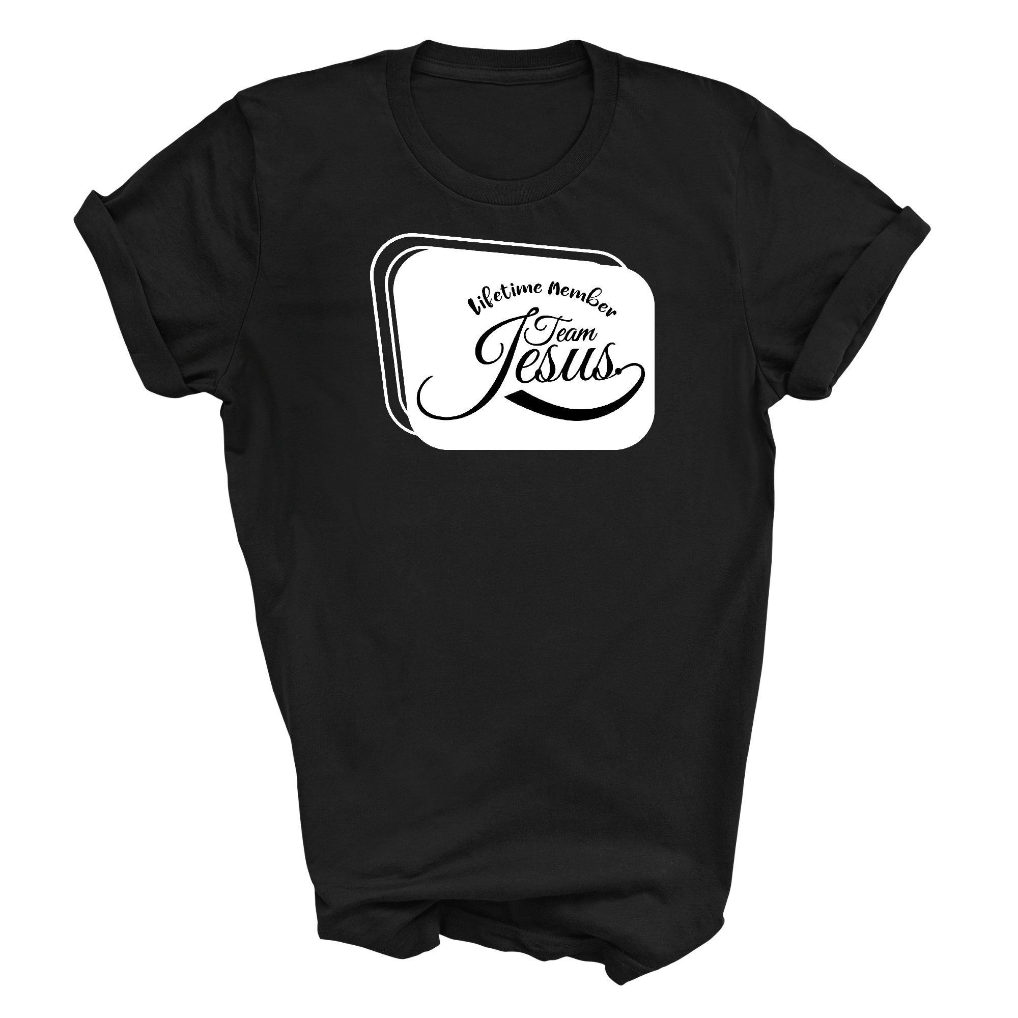 Mens Graphic T-shirt featuring Lifetime Member Team Jesus illustration, made from soft preshrunk cotton, available in sizes S-5XL.