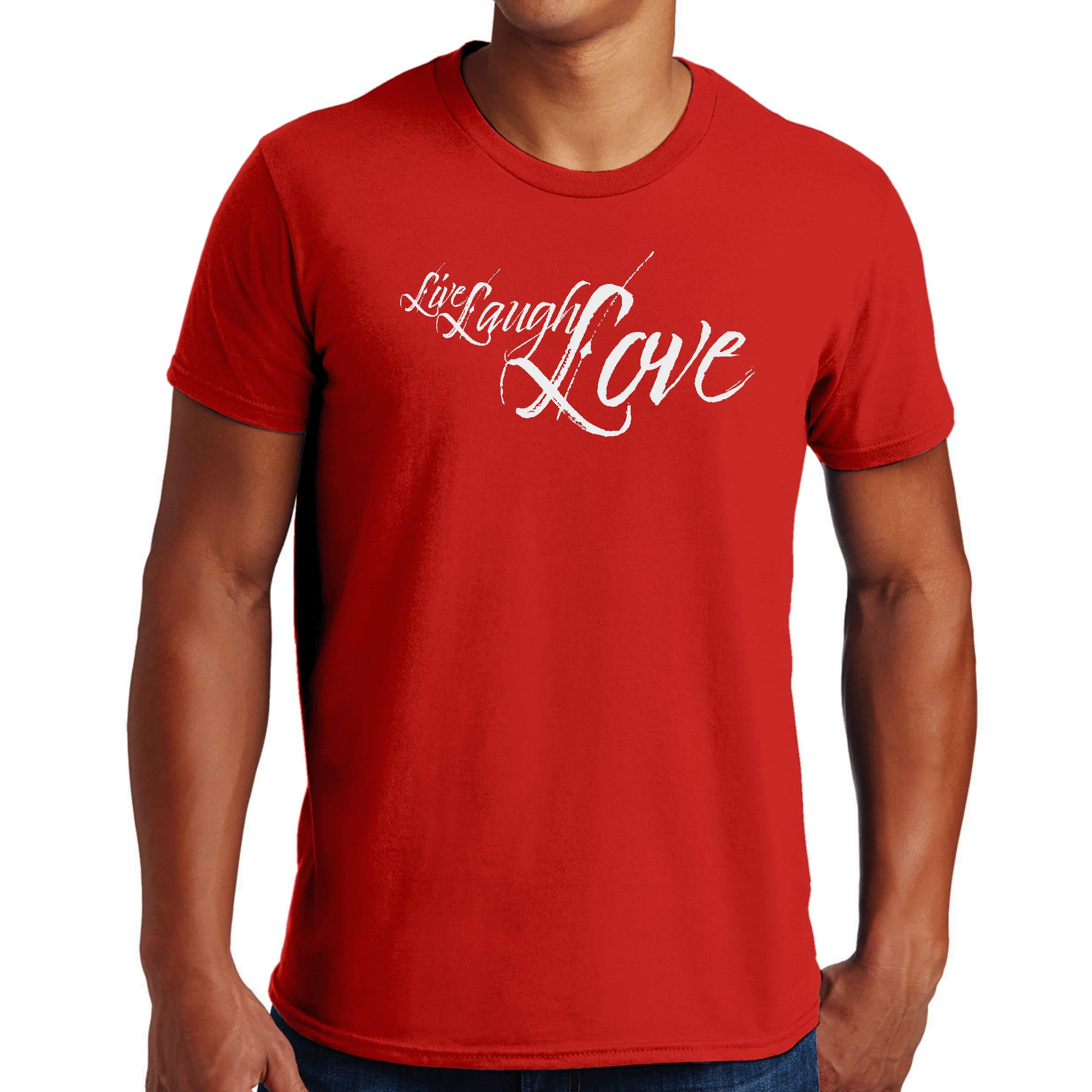 Men's light grey graphic T-shirt with 'Live Laugh Love' illustration, showcasing a comfortable fit and stylish design.