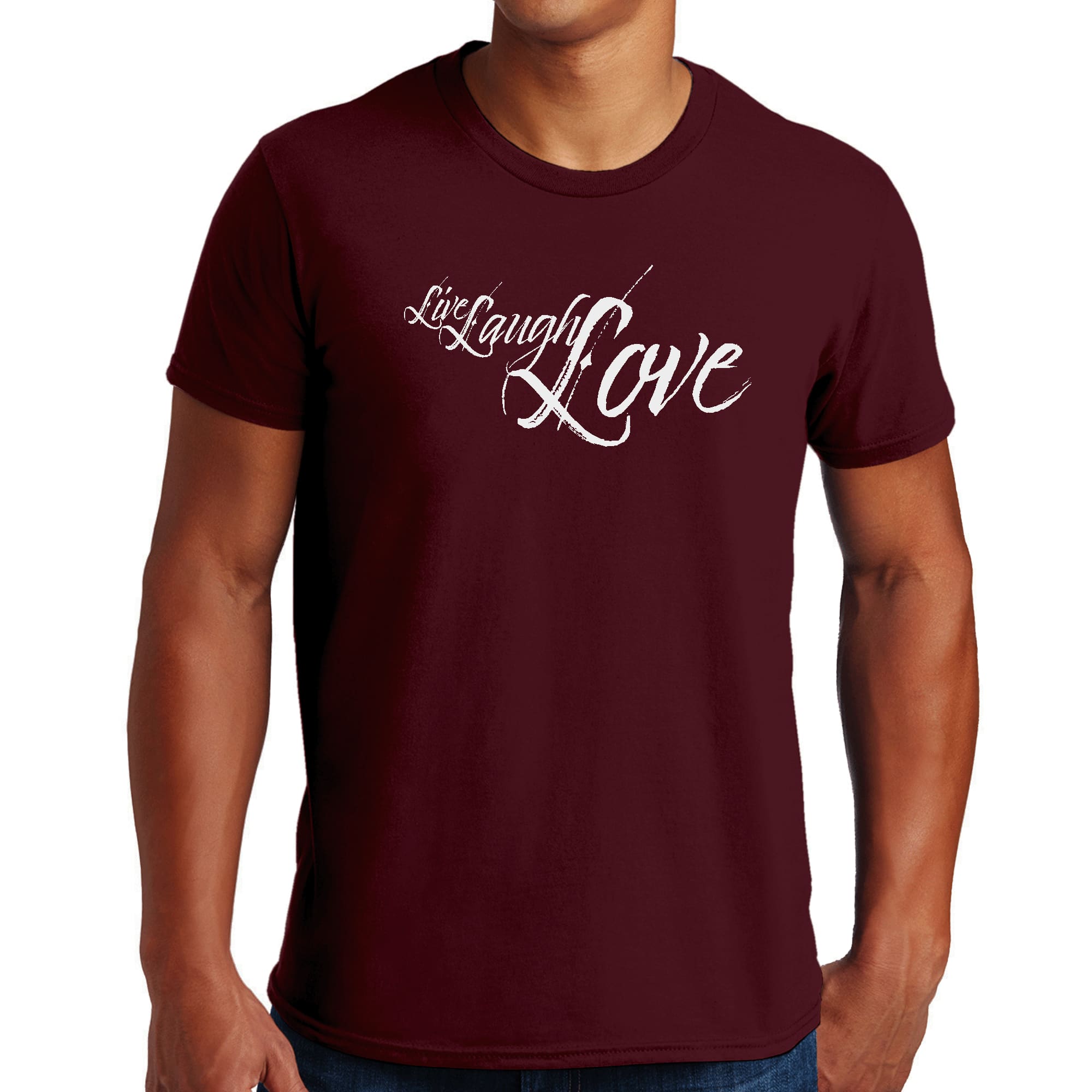 Men's light grey graphic T-shirt with 'Live Laugh Love' illustration, showcasing a comfortable fit and stylish design.