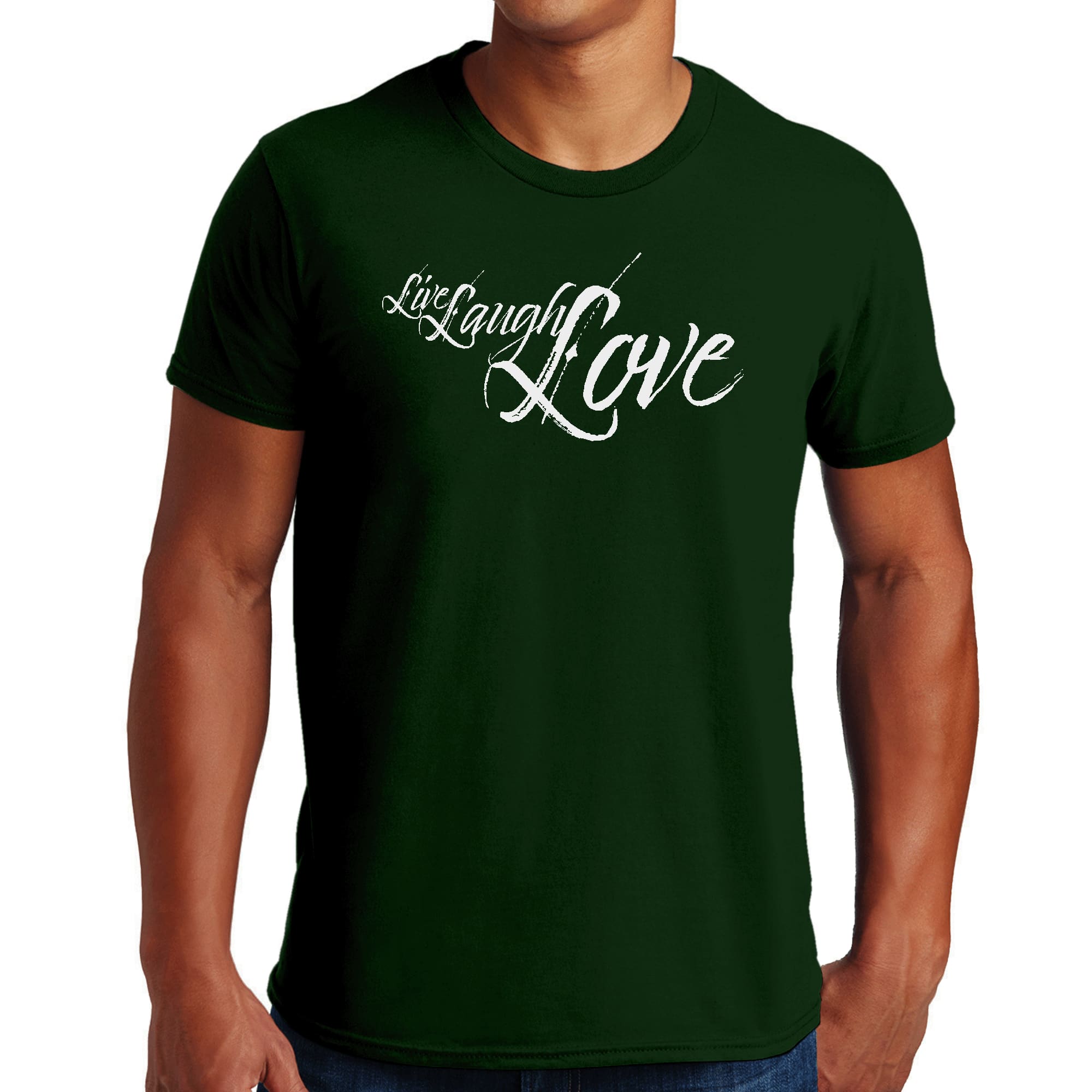 Men's light grey graphic T-shirt with 'Live Laugh Love' illustration, showcasing a comfortable fit and stylish design.