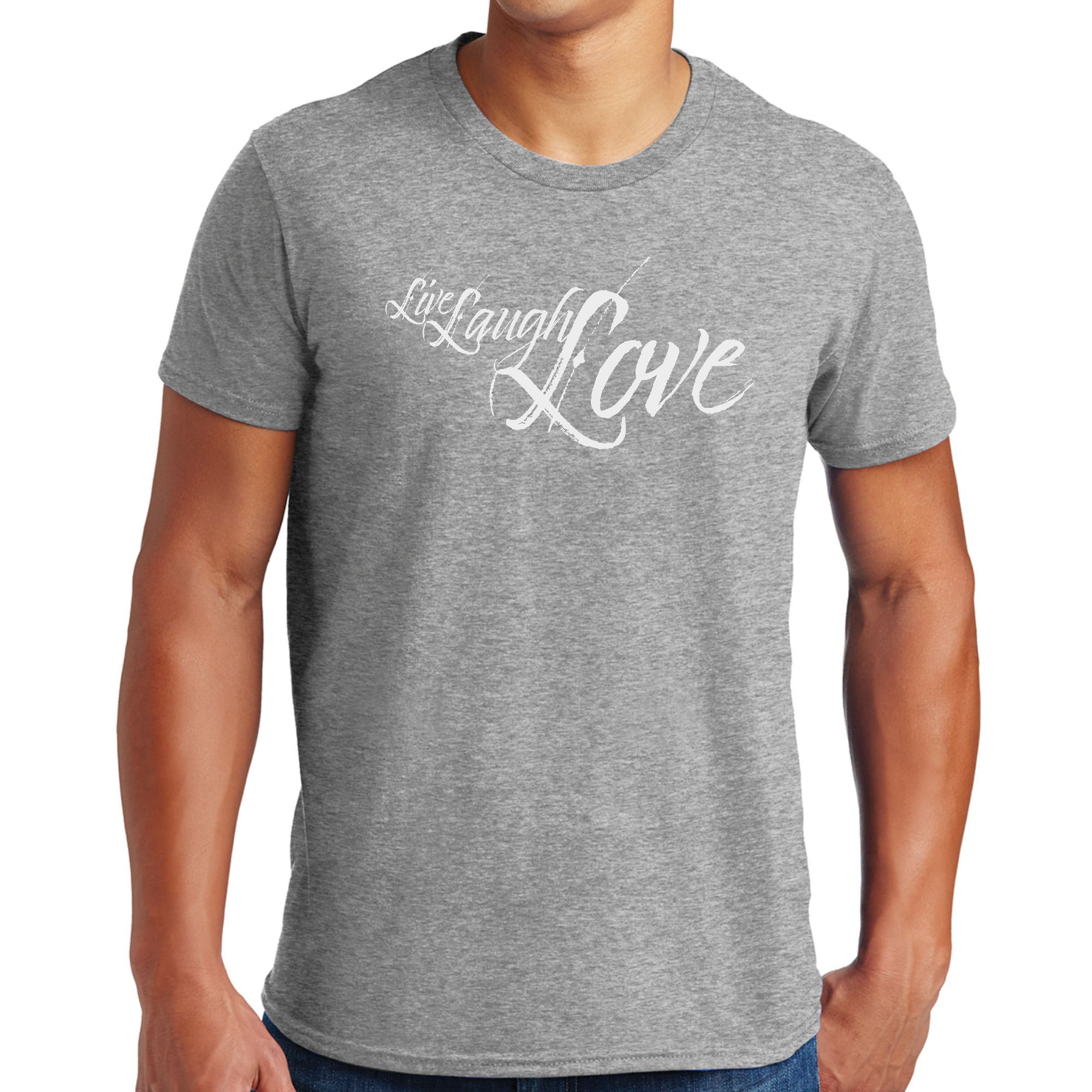 Men's light grey graphic T-shirt with 'Live Laugh Love' illustration, showcasing a comfortable fit and stylish design.