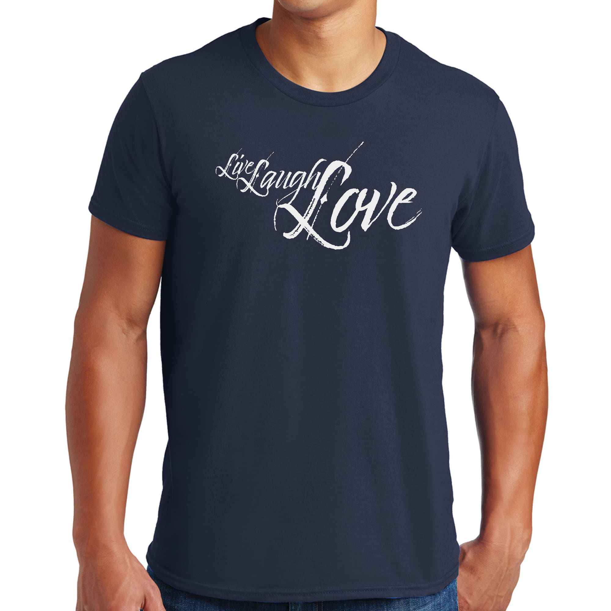 Men's light grey graphic T-shirt with 'Live Laugh Love' illustration, showcasing a comfortable fit and stylish design.