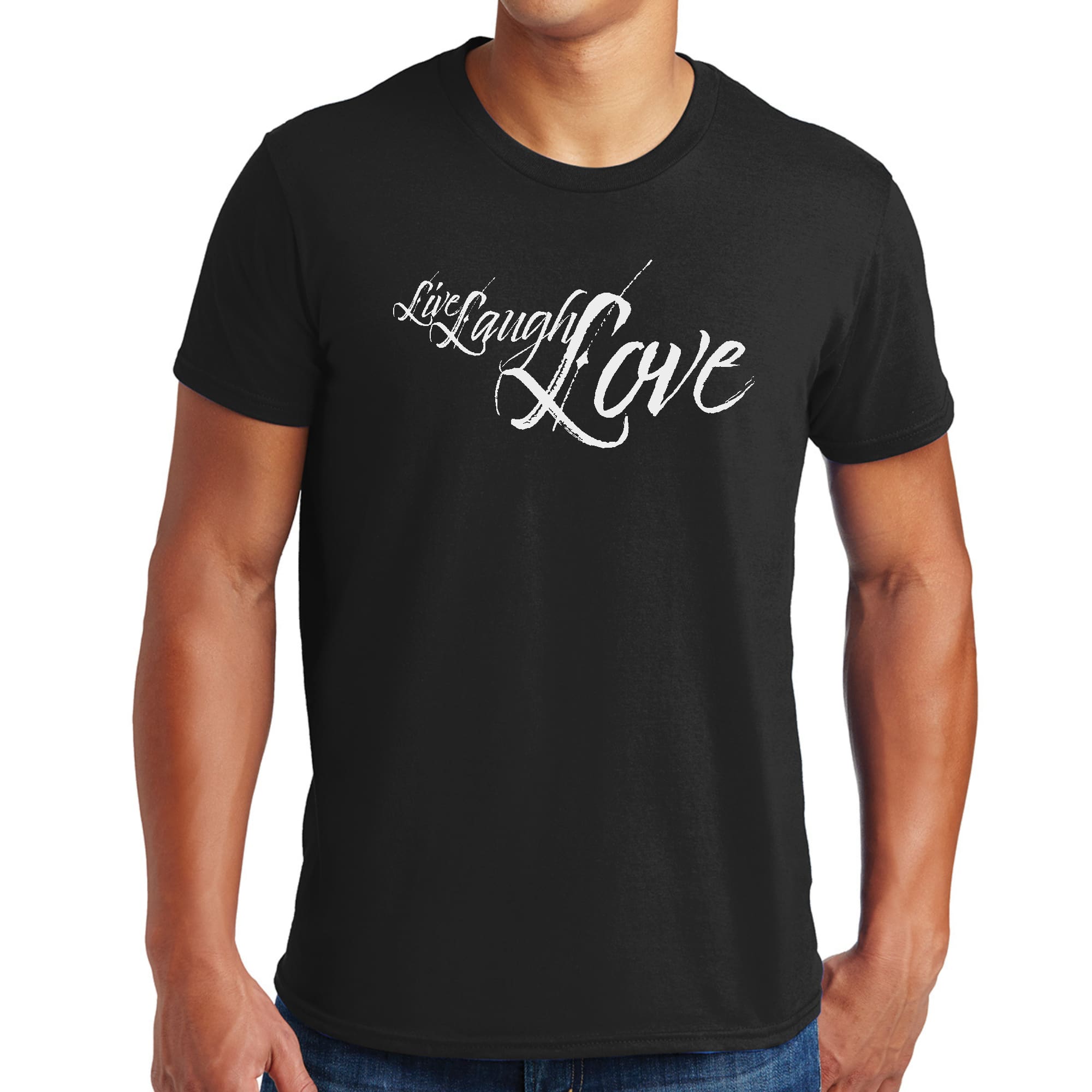 Men's light grey graphic T-shirt with 'Live Laugh Love' illustration, showcasing a comfortable fit and stylish design.
