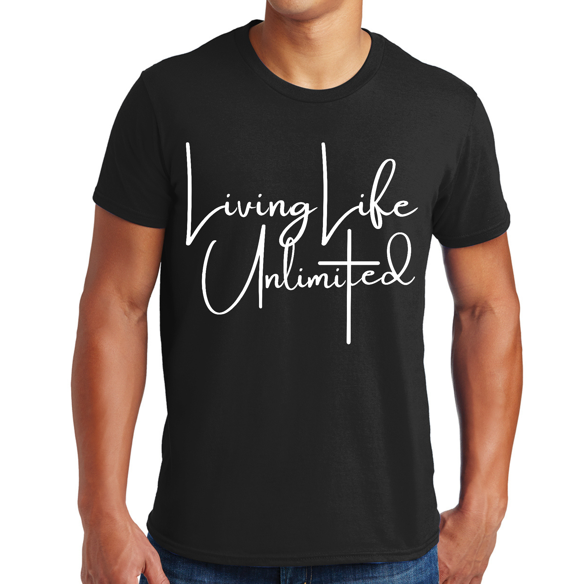 Mens Graphic T-shirt Living Life Unlimited featuring a motivational design, made from soft preshrunk cotton with a classic fit.