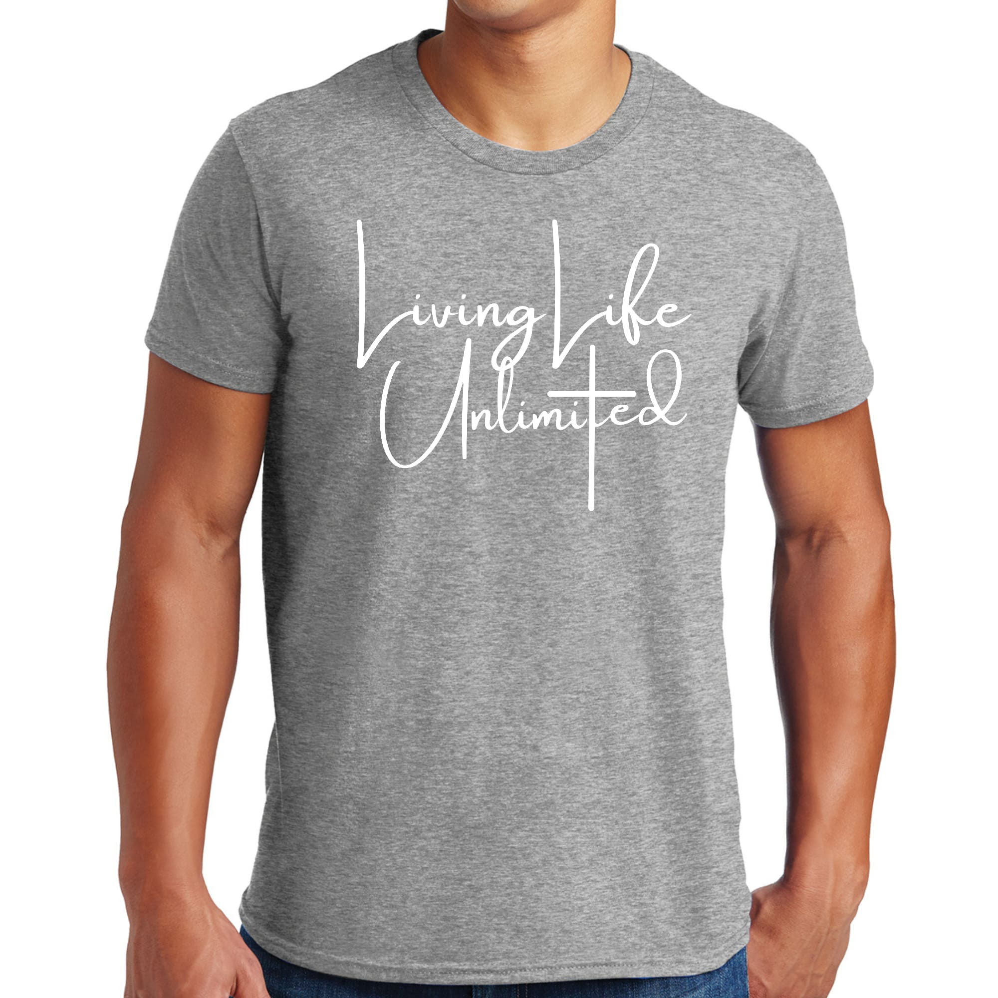 Mens Graphic T-shirt Living Life Unlimited featuring a motivational design, made from soft preshrunk cotton with a classic fit.