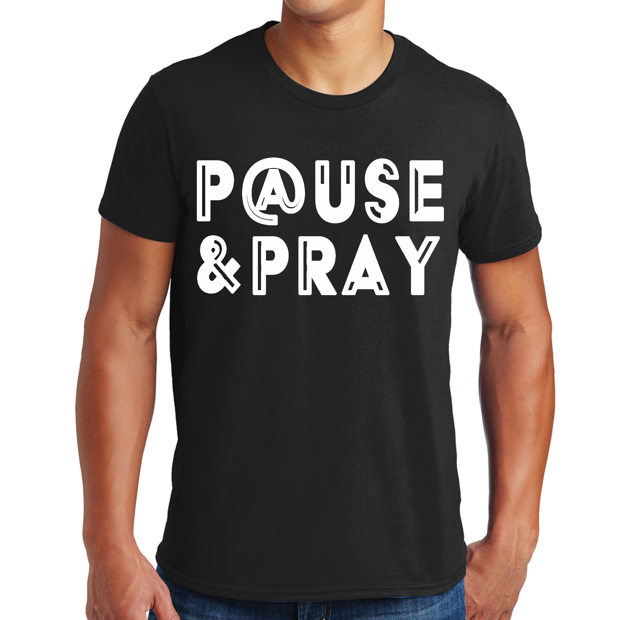 Men's Graphic T-shirt featuring 'Pause and Pray' design, showcasing a soft cotton fabric and comfortable fit.