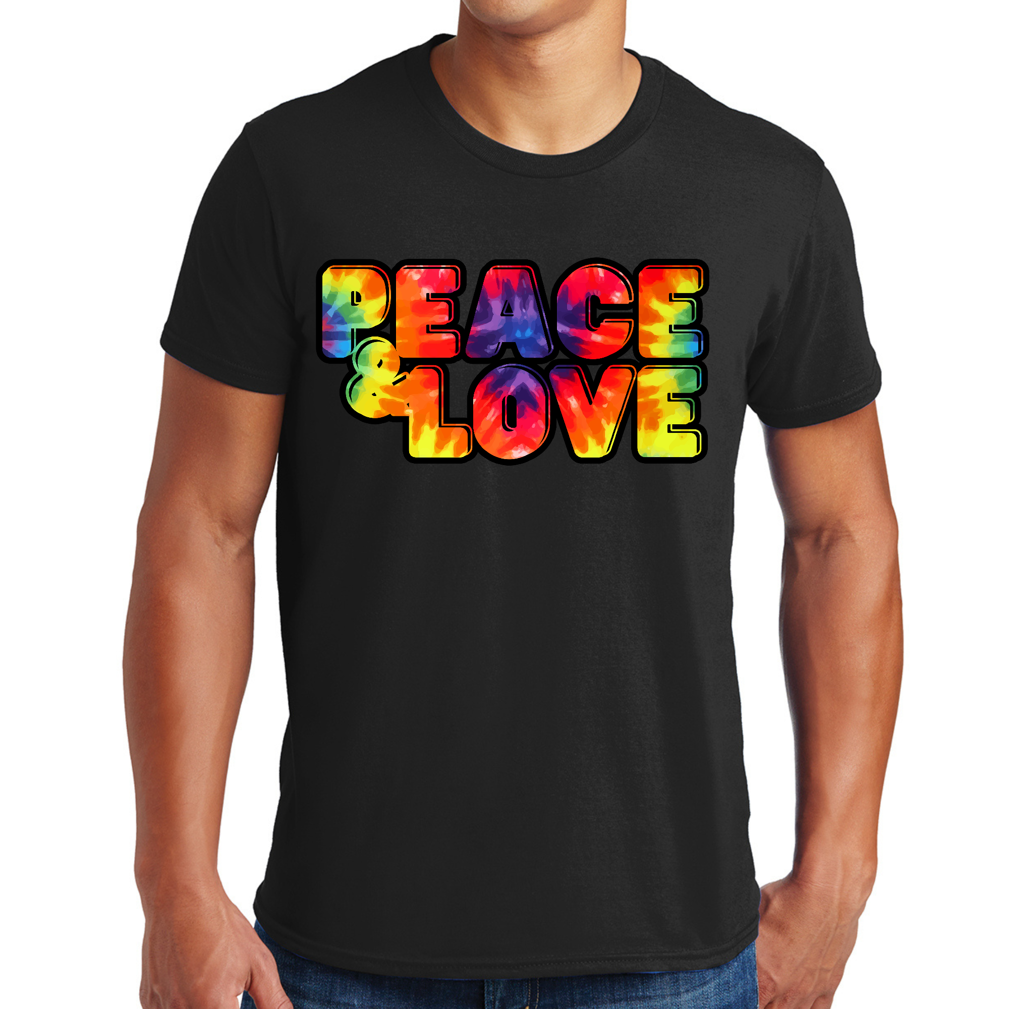 Men's Graphic T-shirt featuring a colorful Peace and Love illustration, showcasing a vibrant design on soft cotton fabric.