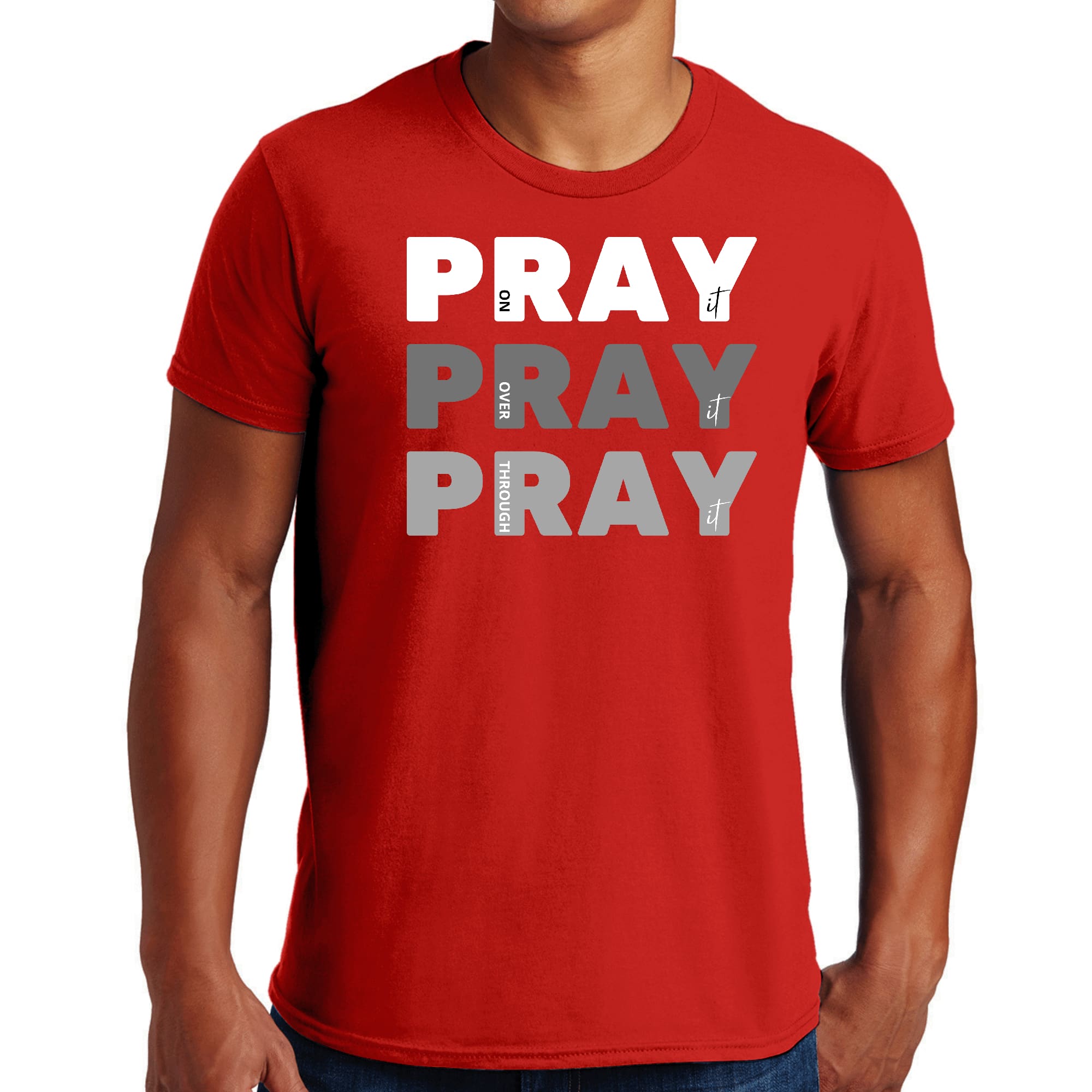Men's Graphic T-shirt featuring the phrase 'Pray on it Over it Through' in a stylish design, made from soft preshrunk cotton.