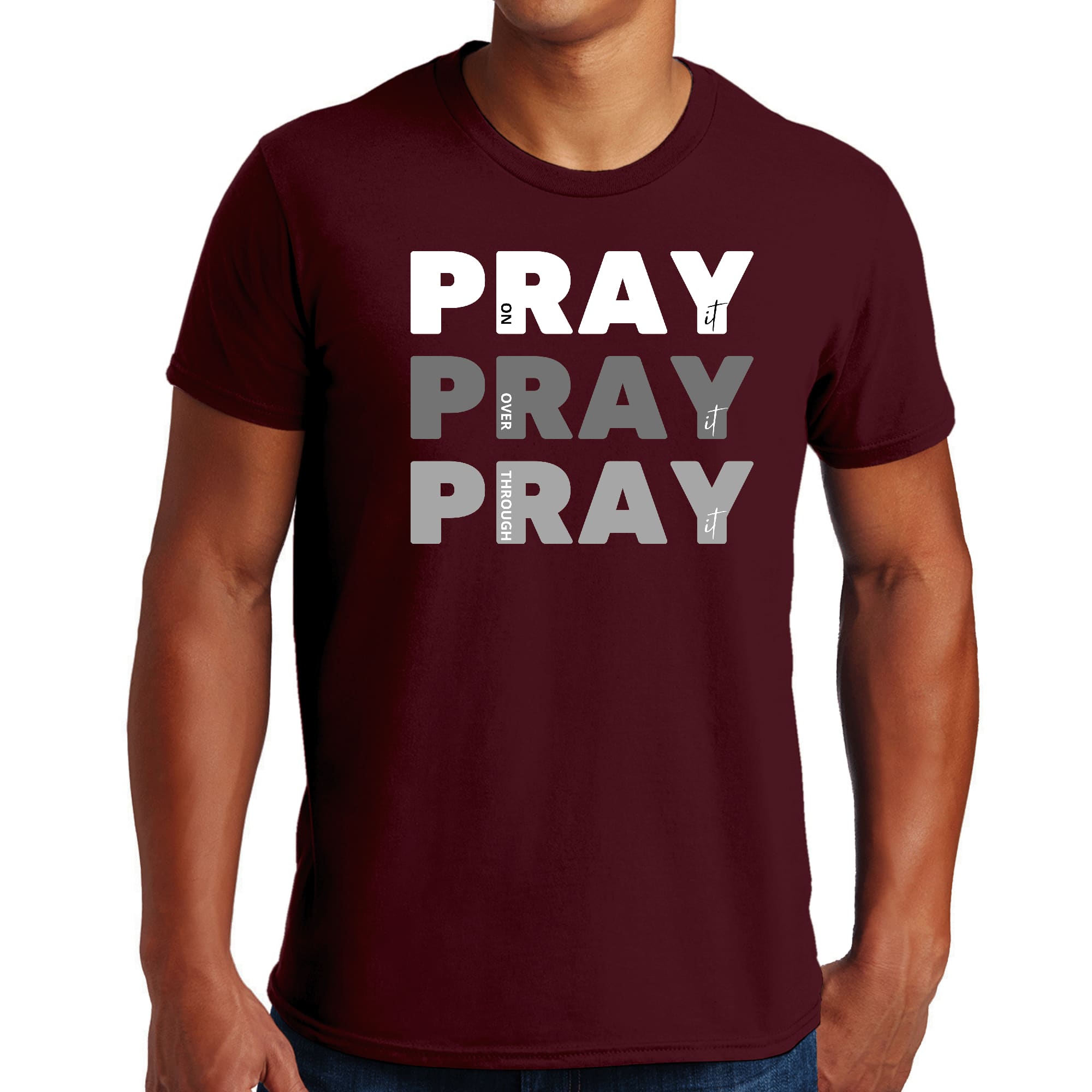 Men's Graphic T-shirt featuring the phrase 'Pray on it Over it Through' in a stylish design, made from soft preshrunk cotton.