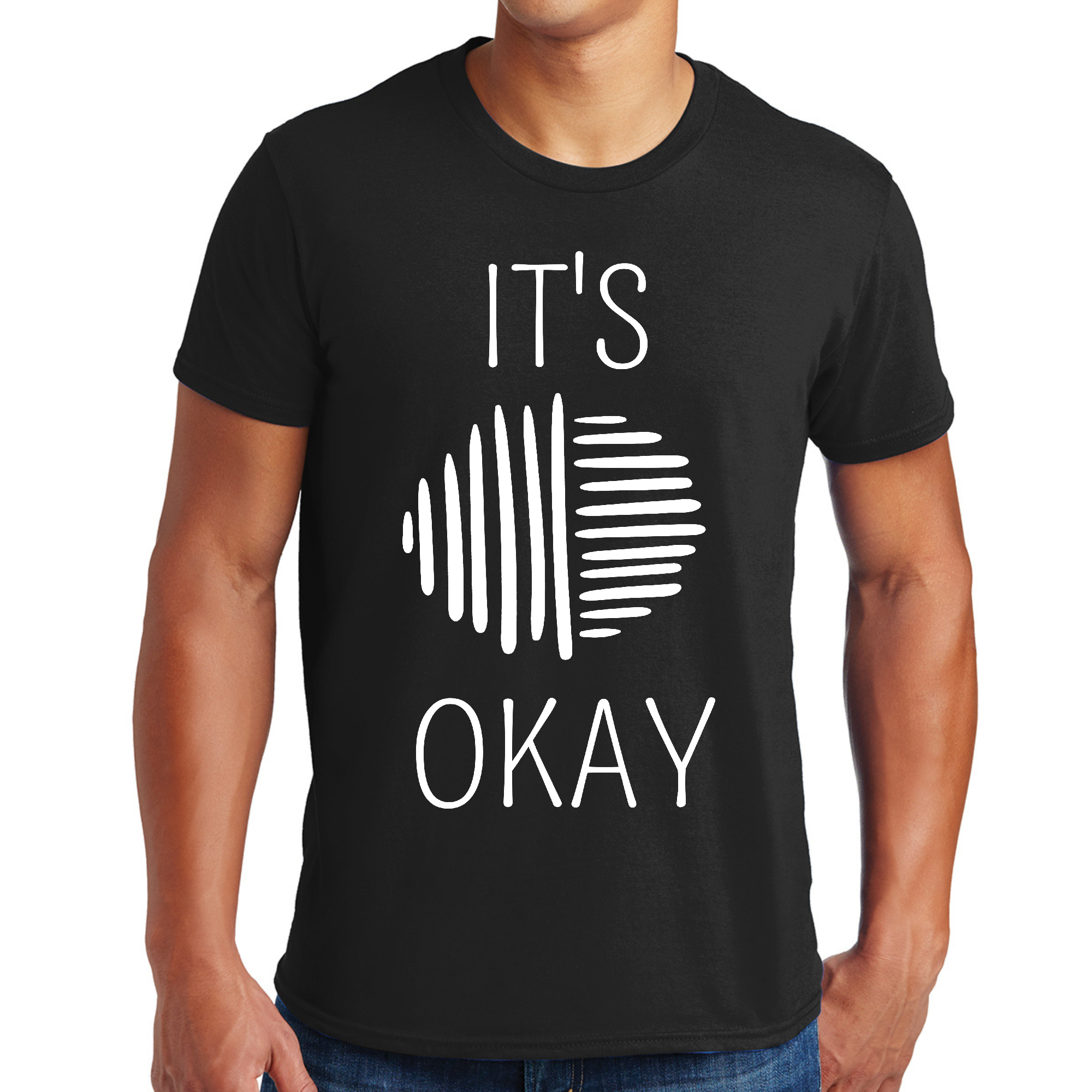 Men's Graphic T-shirt in white featuring positive line art design with the phrase 'Say it Soul, it's Okay'.