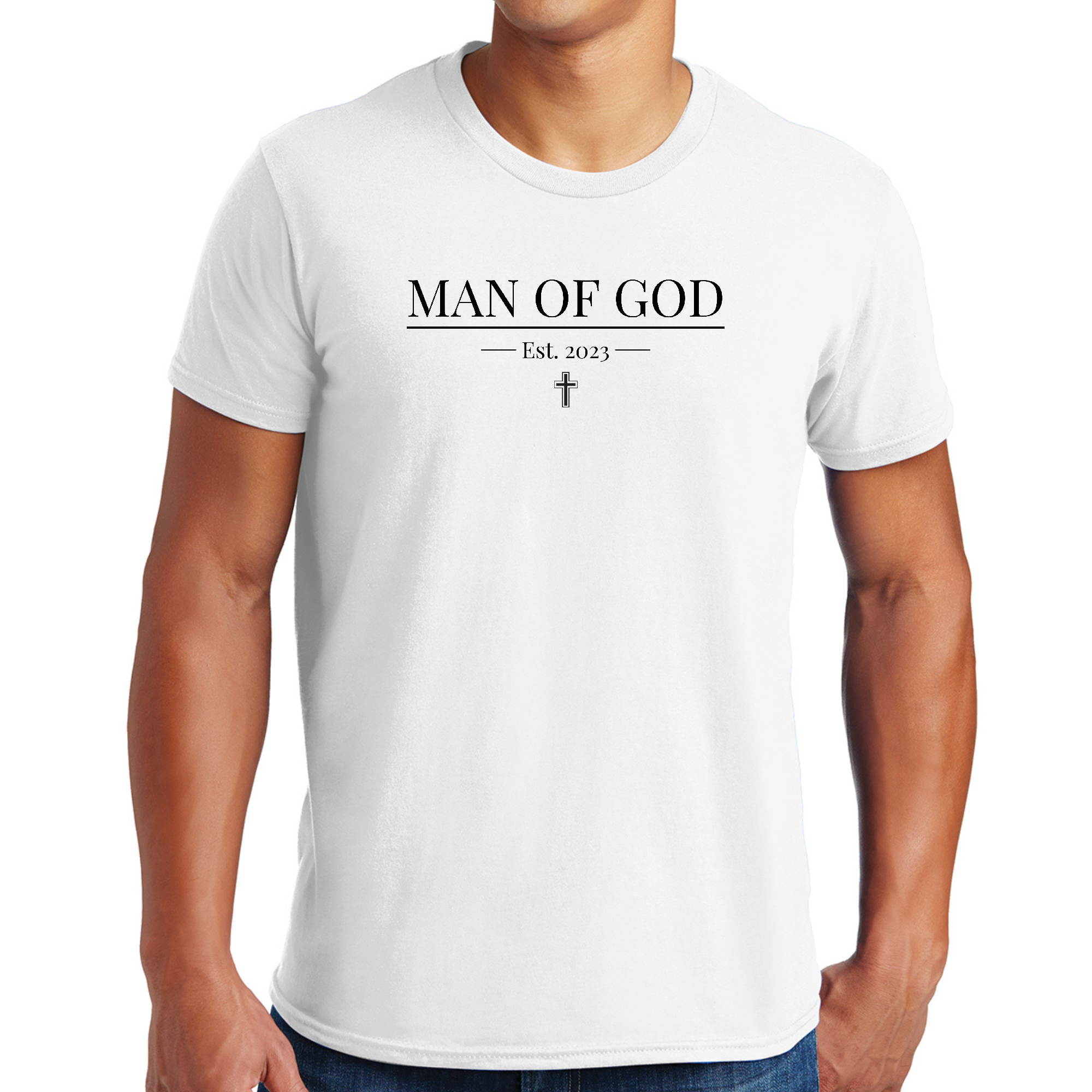 Men's black graphic t-shirt featuring a unique Man of God illustration, designed for comfort and style.
