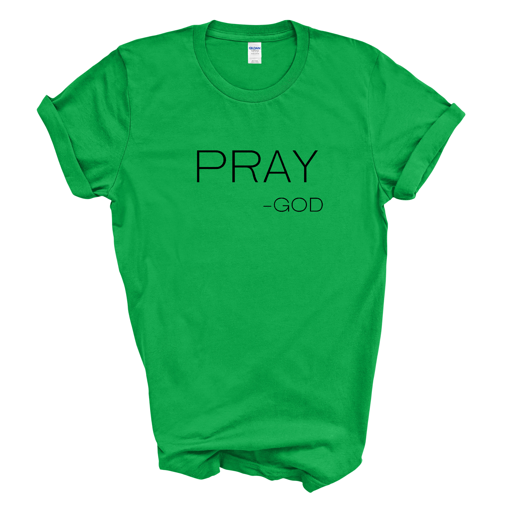 Men's black graphic t-shirt with 'Pray-God' statement, showcasing a comfortable fit and stylish design.