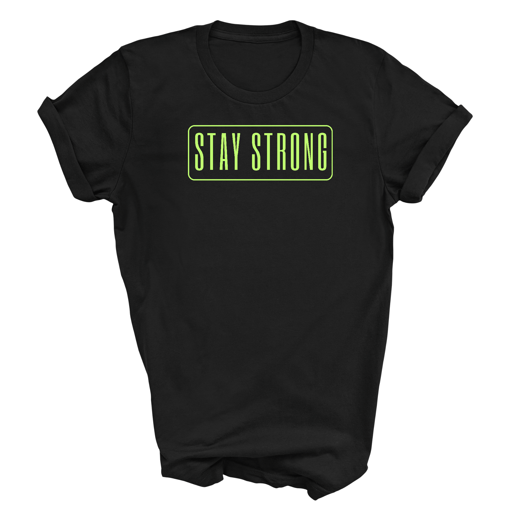 Men's Graphic T-shirt in black with vibrant neon 'Stay Strong' print, showcasing a comfortable fit and stylish design.