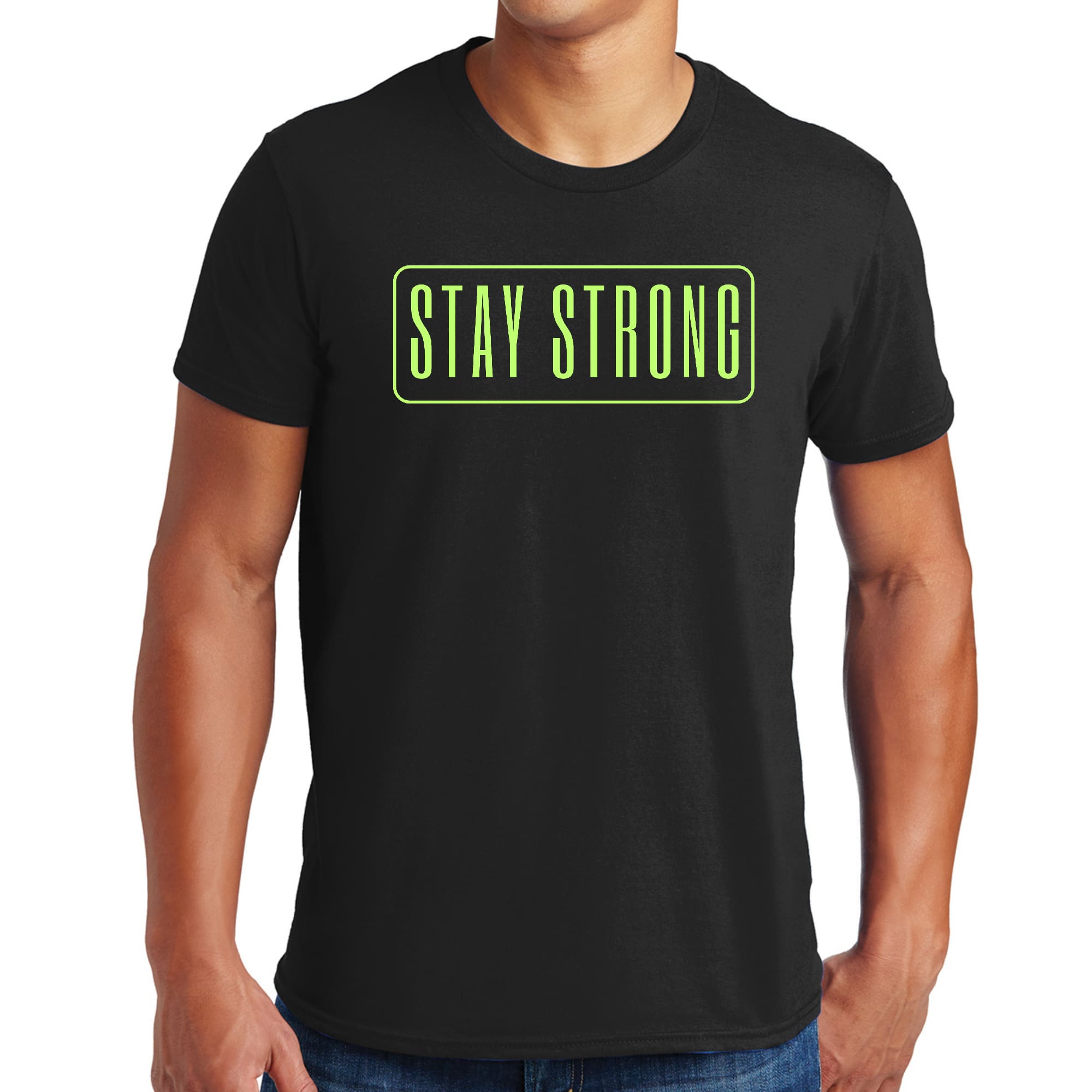 Men's Graphic T-shirt in black with vibrant neon 'Stay Strong' print, showcasing a comfortable fit and stylish design.