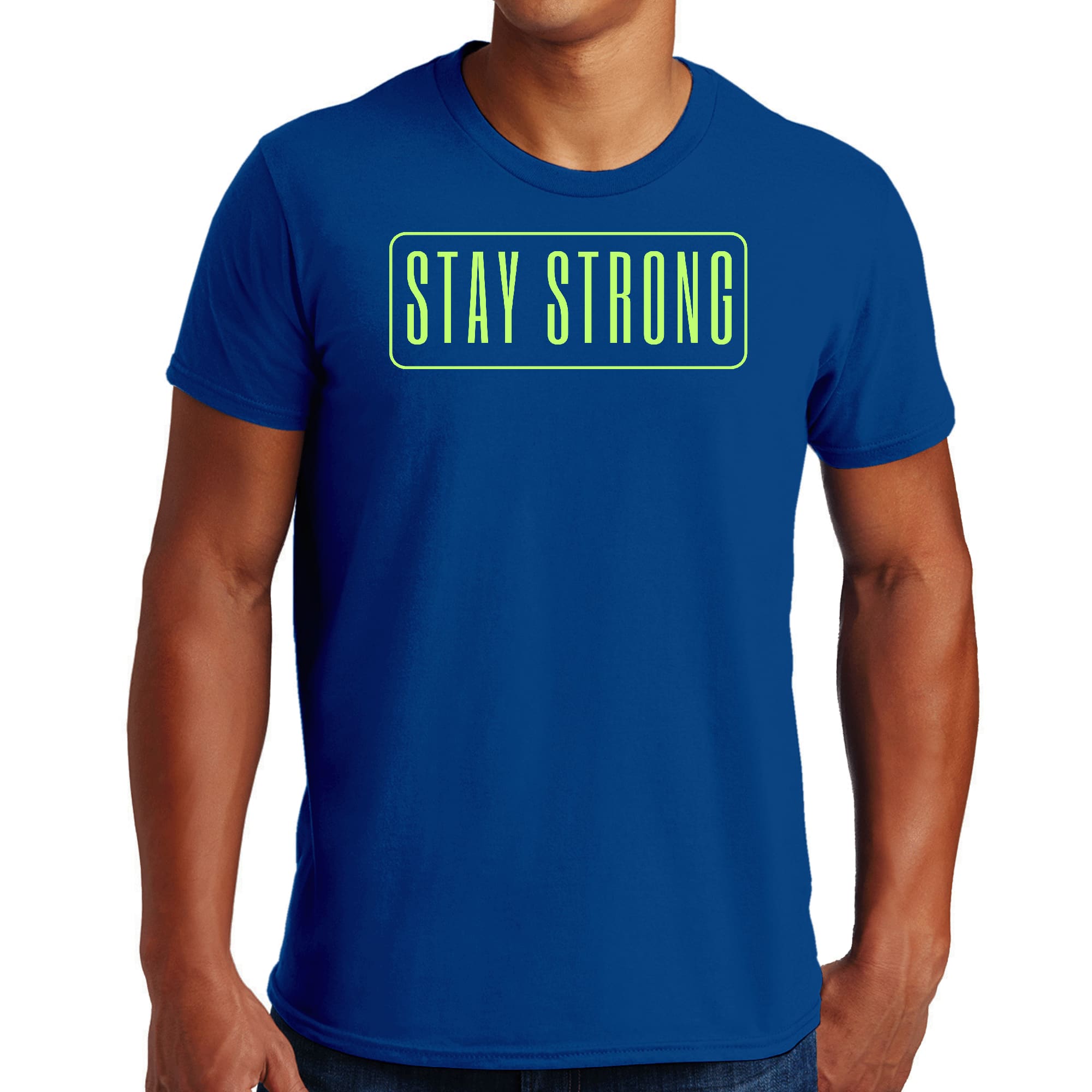 Men's Graphic T-shirt in black with vibrant neon 'Stay Strong' print, showcasing a comfortable fit and stylish design.