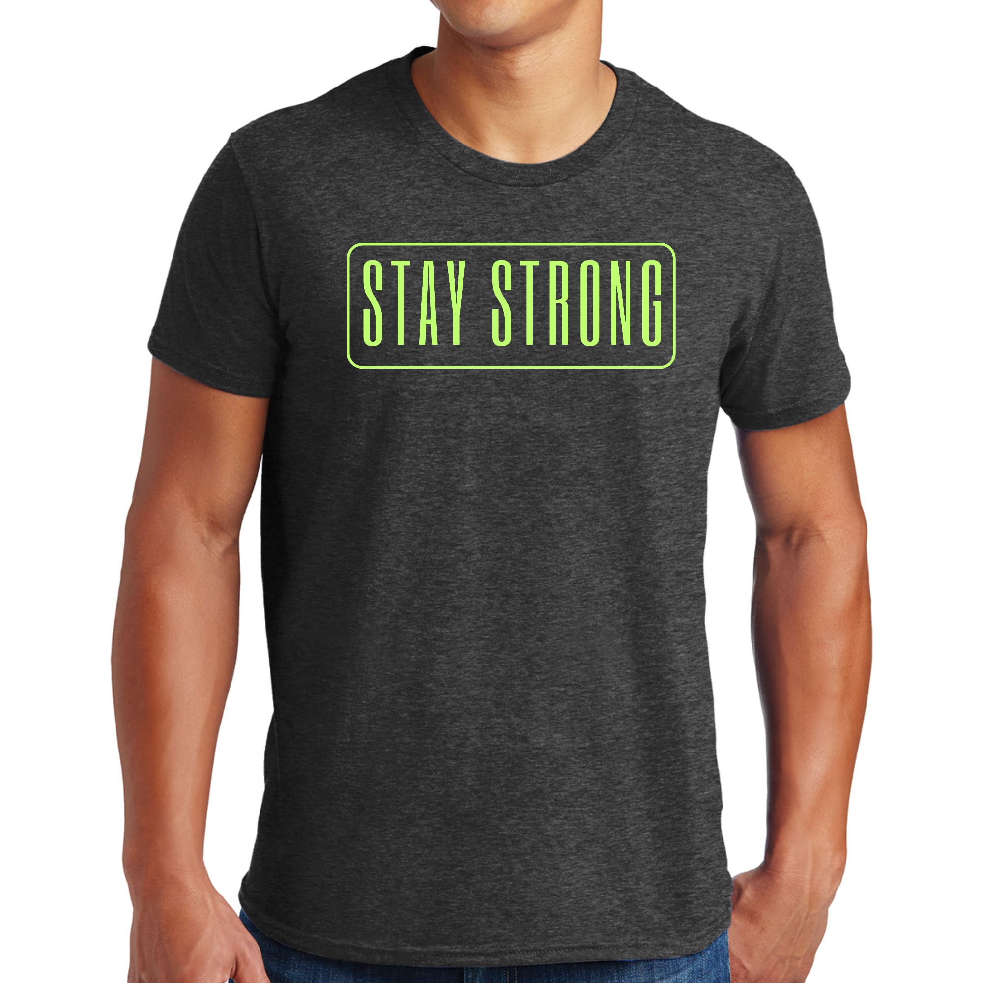 Men's Graphic T-shirt in black with vibrant neon 'Stay Strong' print, showcasing a comfortable fit and stylish design.