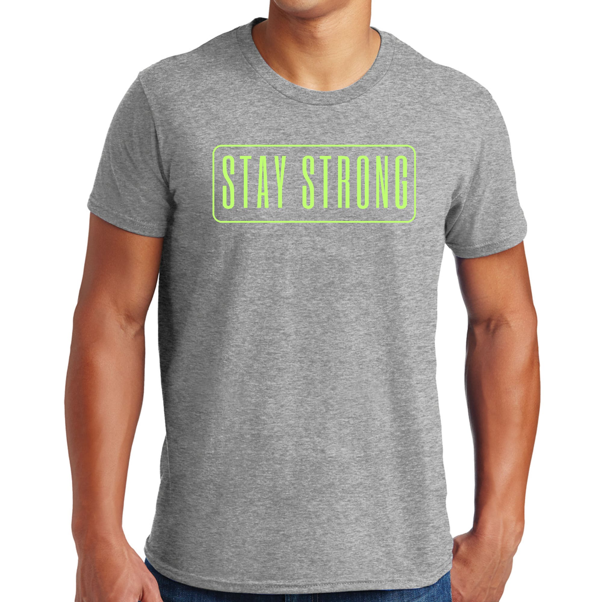 Men's Graphic T-shirt in black with vibrant neon 'Stay Strong' print, showcasing a comfortable fit and stylish design.
