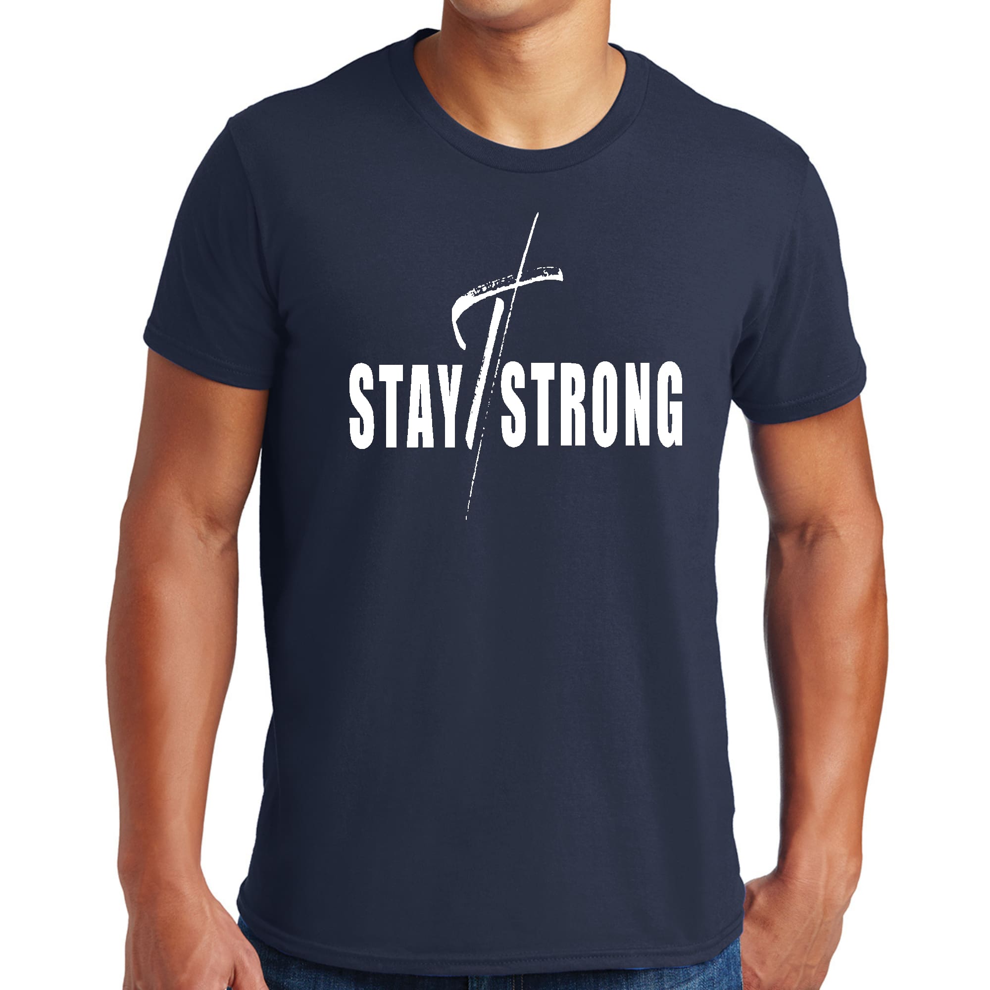 Men's graphic t-shirt featuring a bold white cross print, designed for creative individuals, showcasing a modern and stylish look.