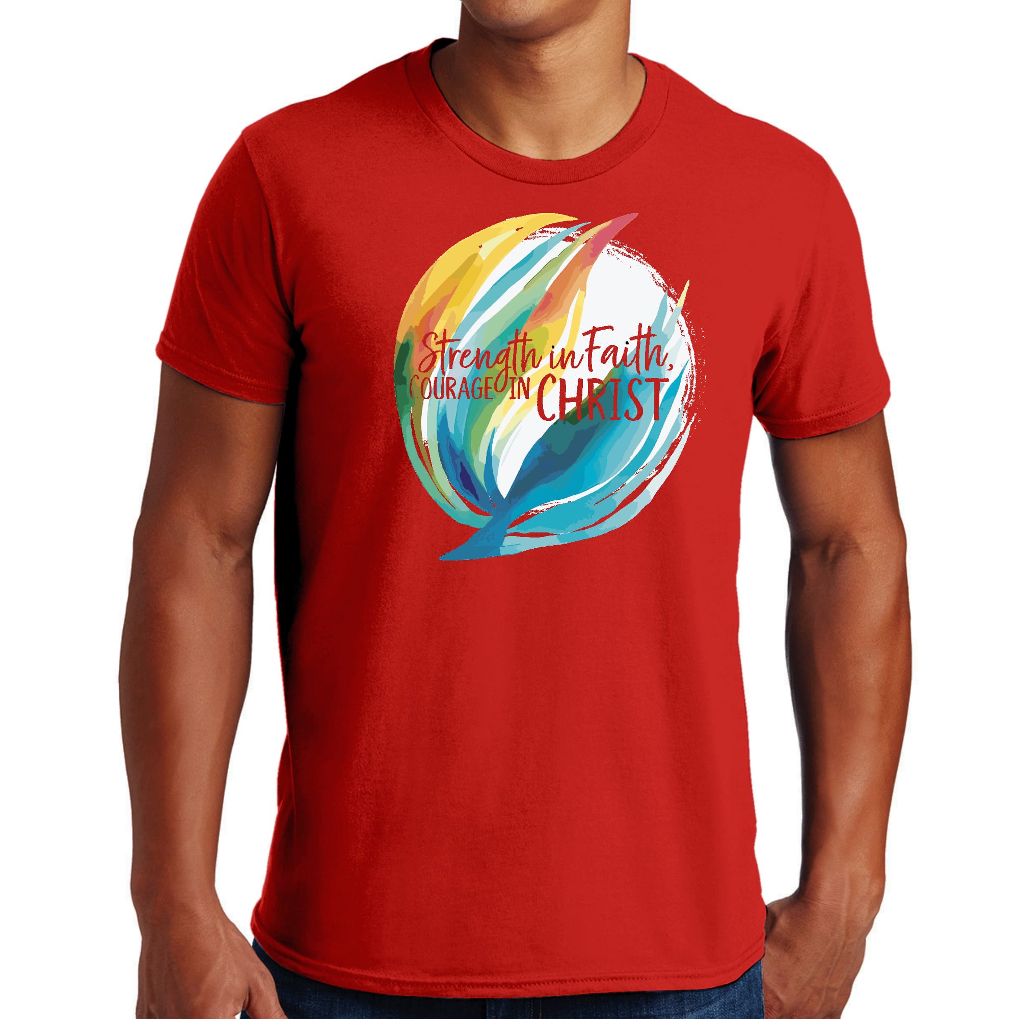 Men's Graphic T-shirt featuring 'Strength in Faith, Courage in Christ' illustration, made from soft preshrunk cotton, available in sizes S-5XL.