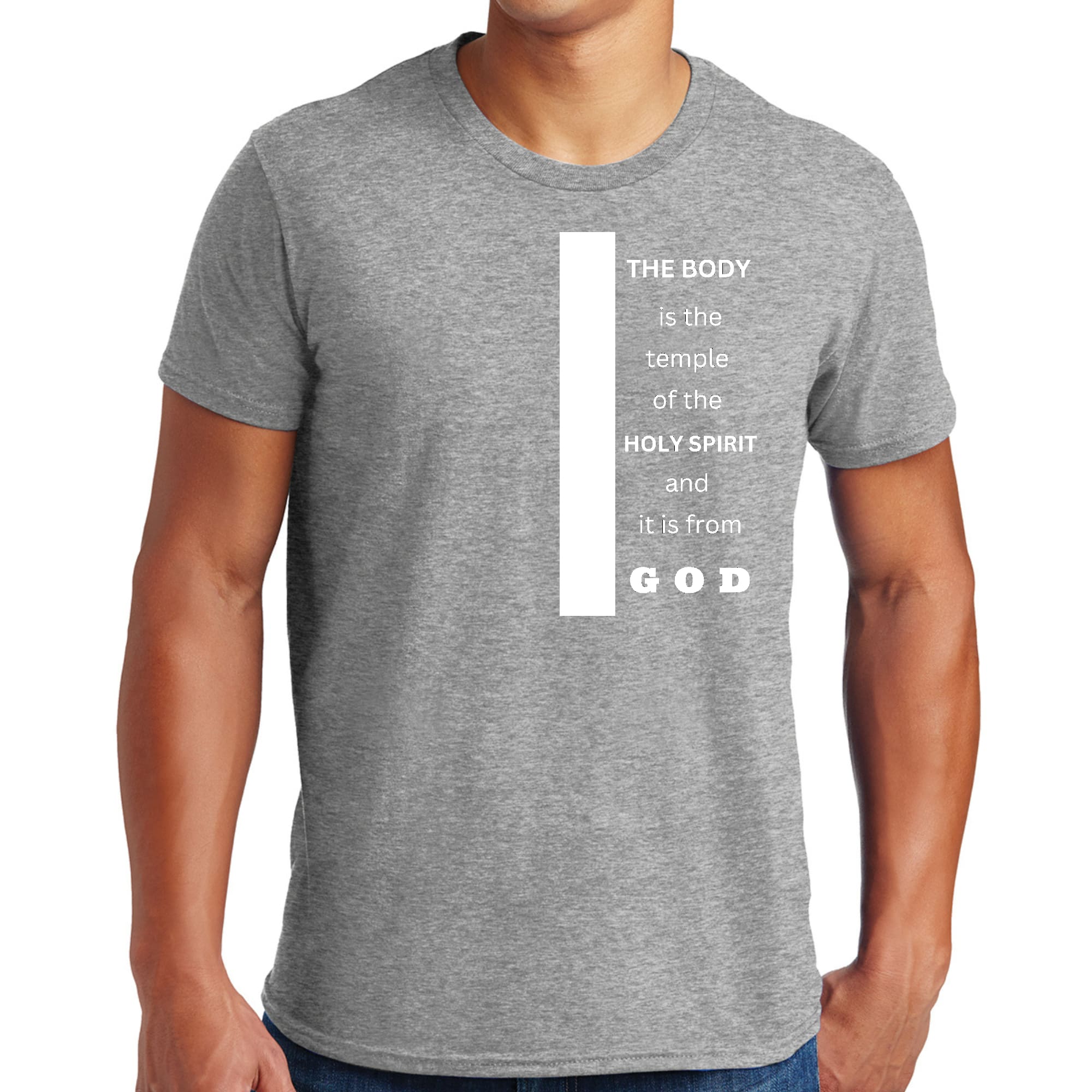 Men's Graphic T-shirt in black featuring the phrase 'The Body is the Temple of the Holy Spirit', made from soft preshrunk cotton.