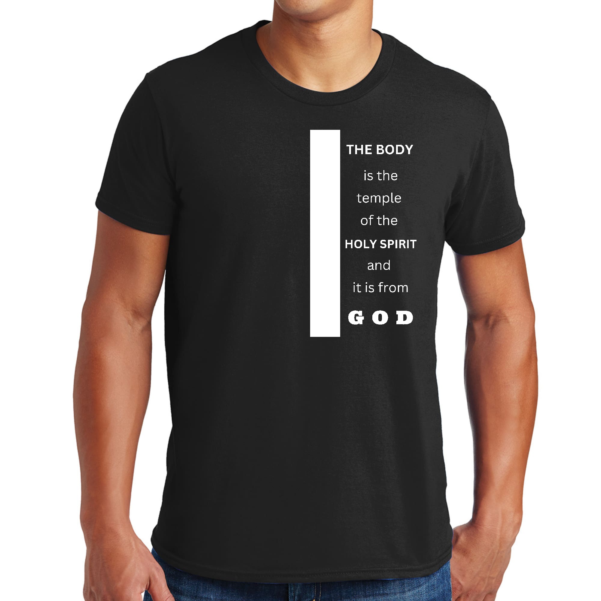 Men's Graphic T-shirt in black featuring the phrase 'The Body is the Temple of the Holy Spirit', made from soft preshrunk cotton.