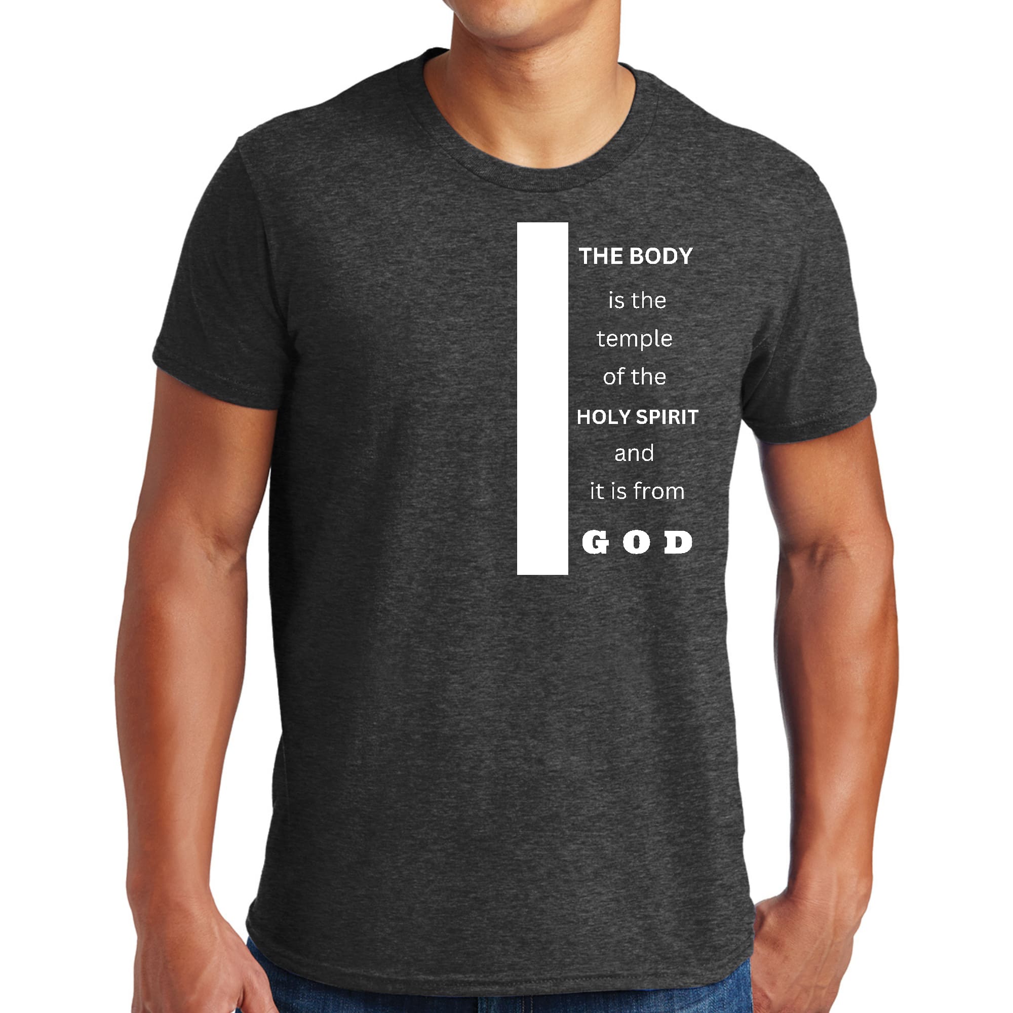 Men's Graphic T-shirt in black featuring the phrase 'The Body is the Temple of the Holy Spirit', made from soft preshrunk cotton.