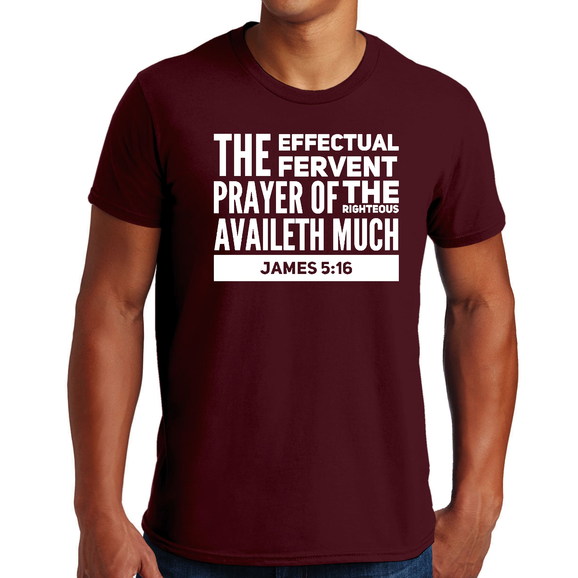 Mens Graphic T-shirt in black featuring 'The Effectual Fervent Prayer' - James 5:16, made from soft preshrunk cotton, available in sizes S-5XL.