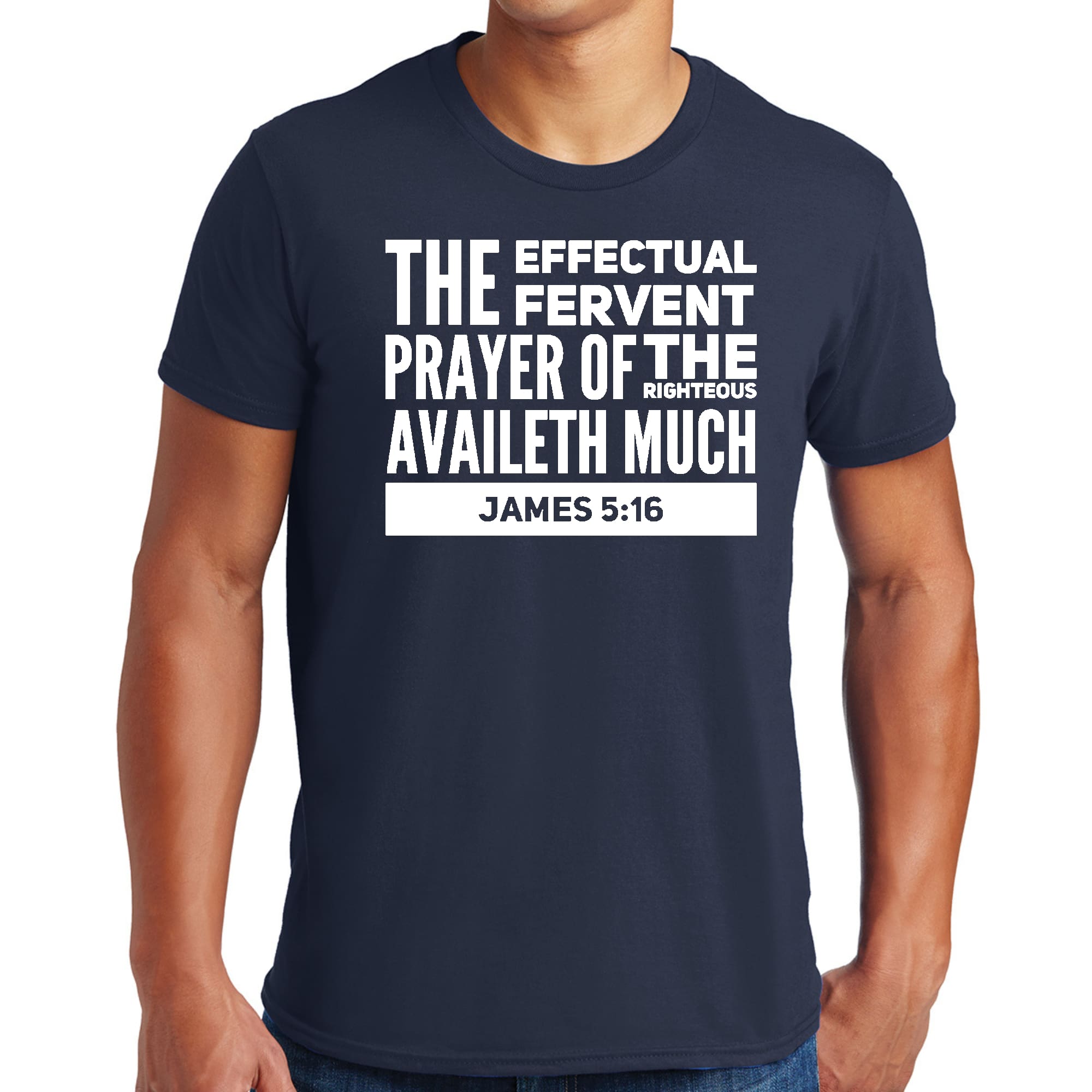 Mens Graphic T-shirt in black featuring 'The Effectual Fervent Prayer' - James 5:16, made from soft preshrunk cotton, available in sizes S-5XL.