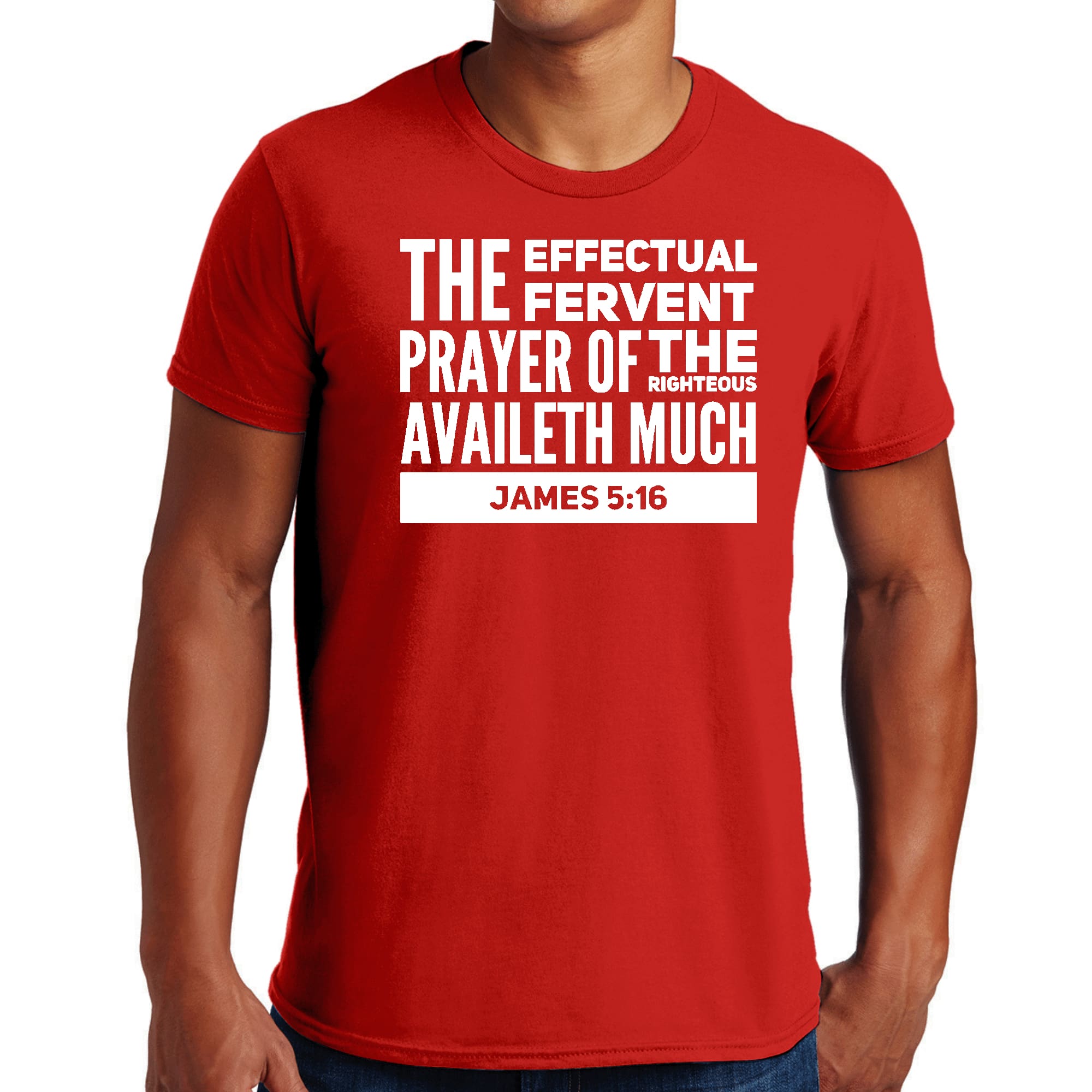 Mens Graphic T-shirt in black featuring 'The Effectual Fervent Prayer' - James 5:16, made from soft preshrunk cotton, available in sizes S-5XL.