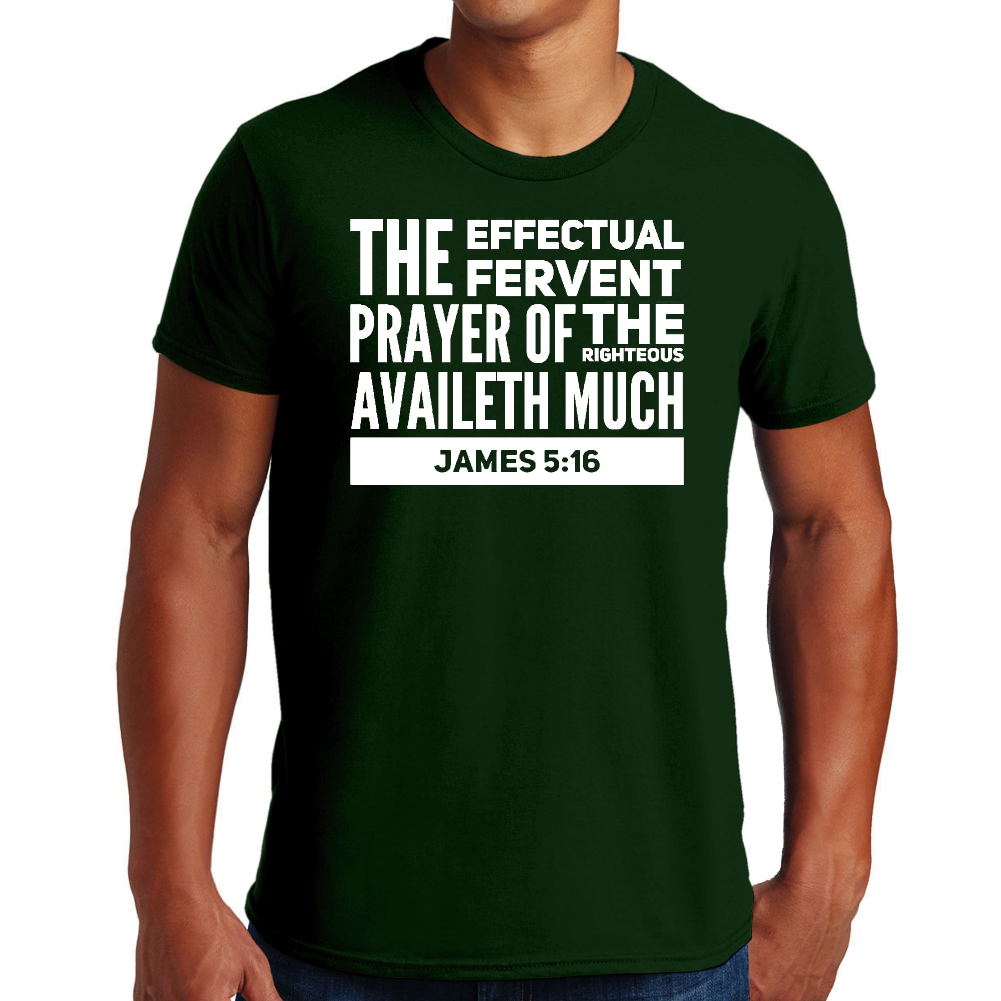 Mens Graphic T-shirt in black featuring 'The Effectual Fervent Prayer' - James 5:16, made from soft preshrunk cotton, available in sizes S-5XL.