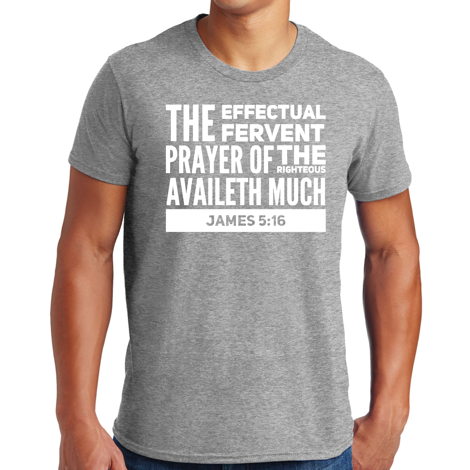 Mens Graphic T-shirt in black featuring 'The Effectual Fervent Prayer' - James 5:16, made from soft preshrunk cotton, available in sizes S-5XL.