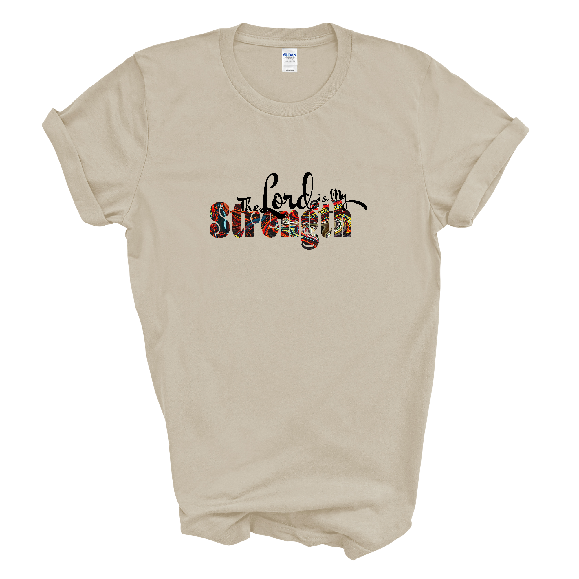 Men's black graphic T-shirt featuring 'The Lord is my Strength' print, made from soft preshrunk cotton, available in sizes S-5XL.