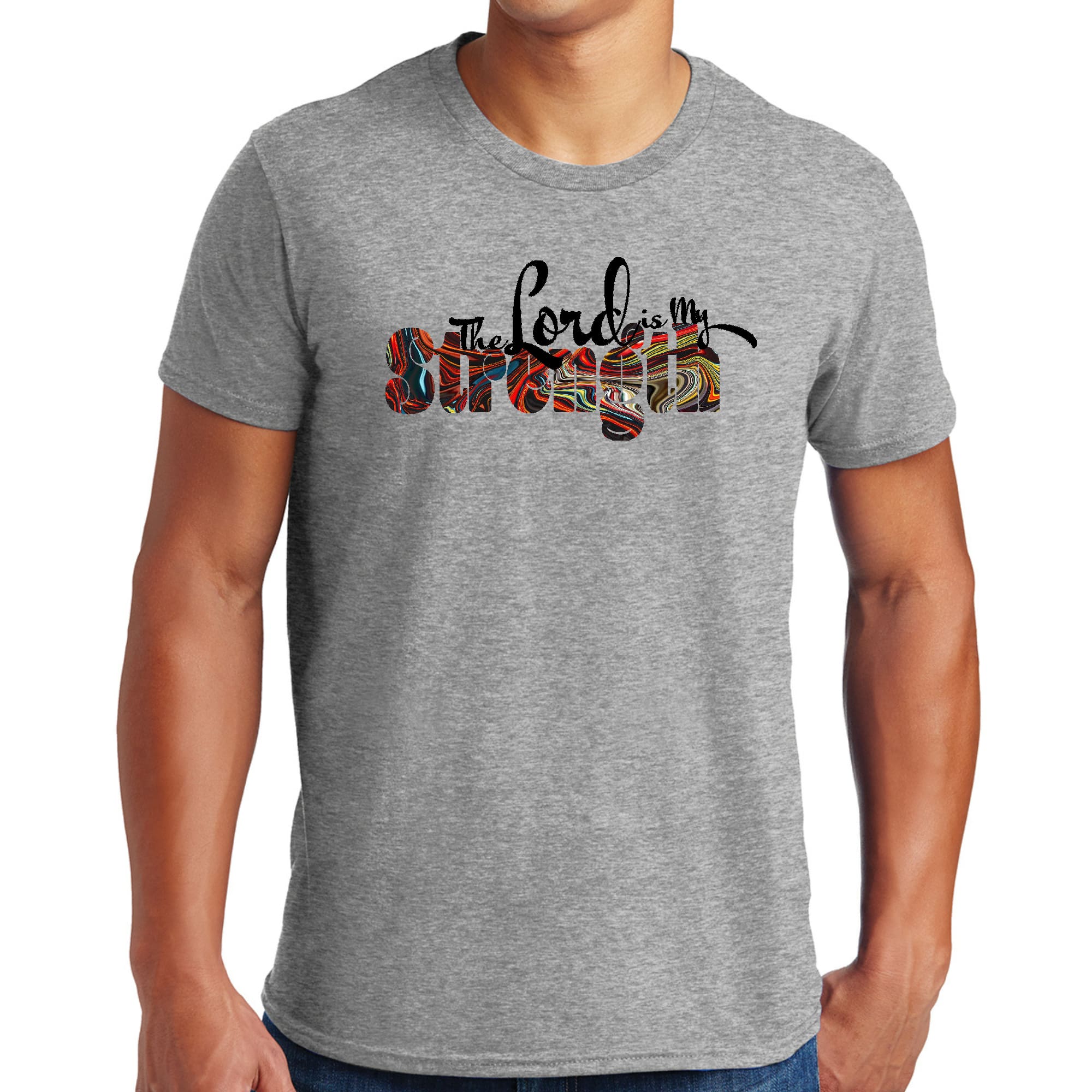 Men's black graphic T-shirt featuring 'The Lord is my Strength' print, made from soft preshrunk cotton, available in sizes S-5XL.