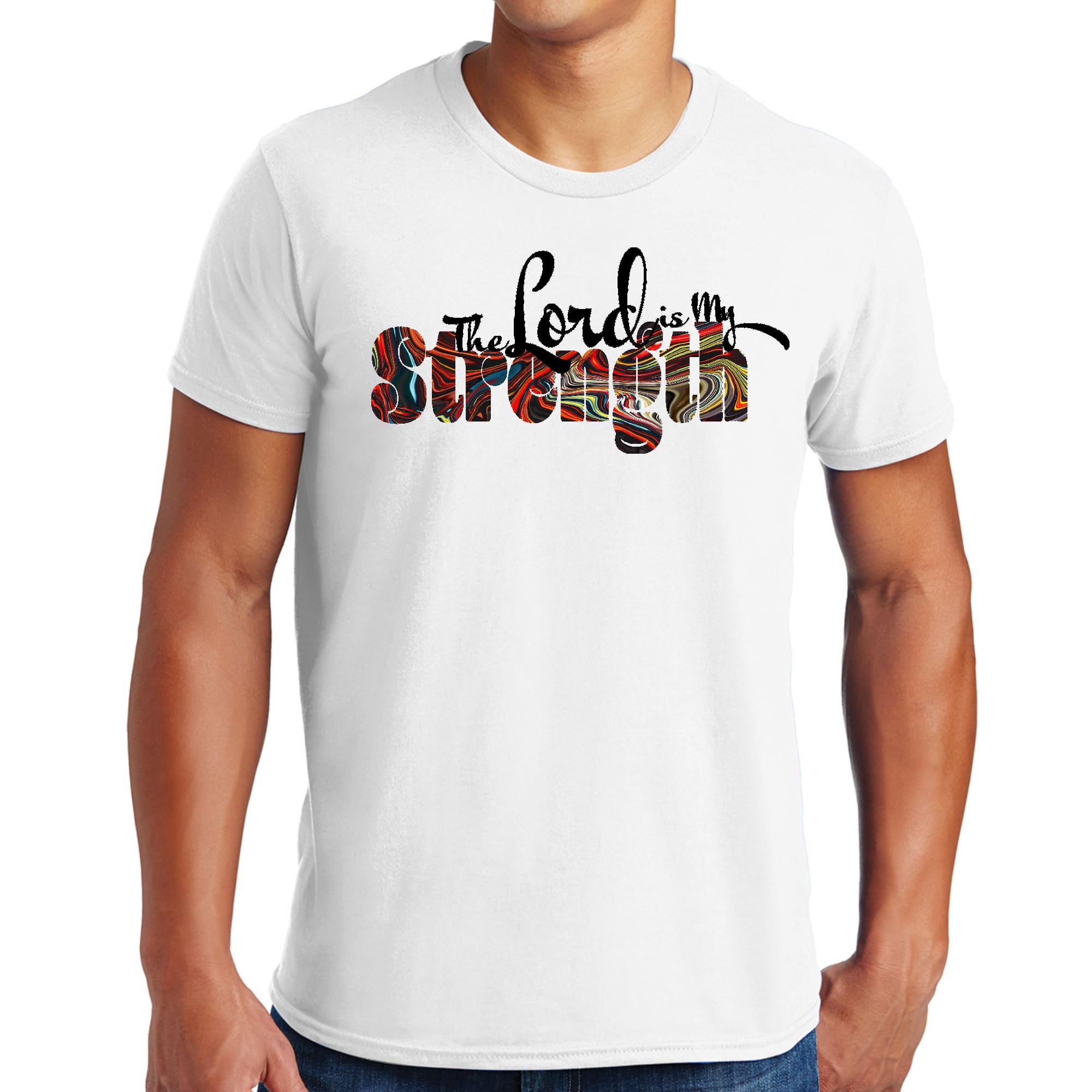 Men's black graphic T-shirt featuring 'The Lord is my Strength' print, made from soft preshrunk cotton, available in sizes S-5XL.