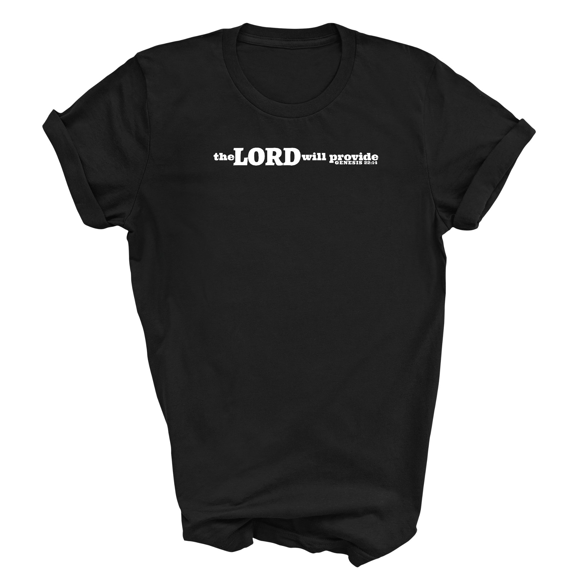 Men's Graphic T-shirt in black featuring 'The Lord Will Provide' print from Genesis 22:14, made from soft preshrunk cotton.