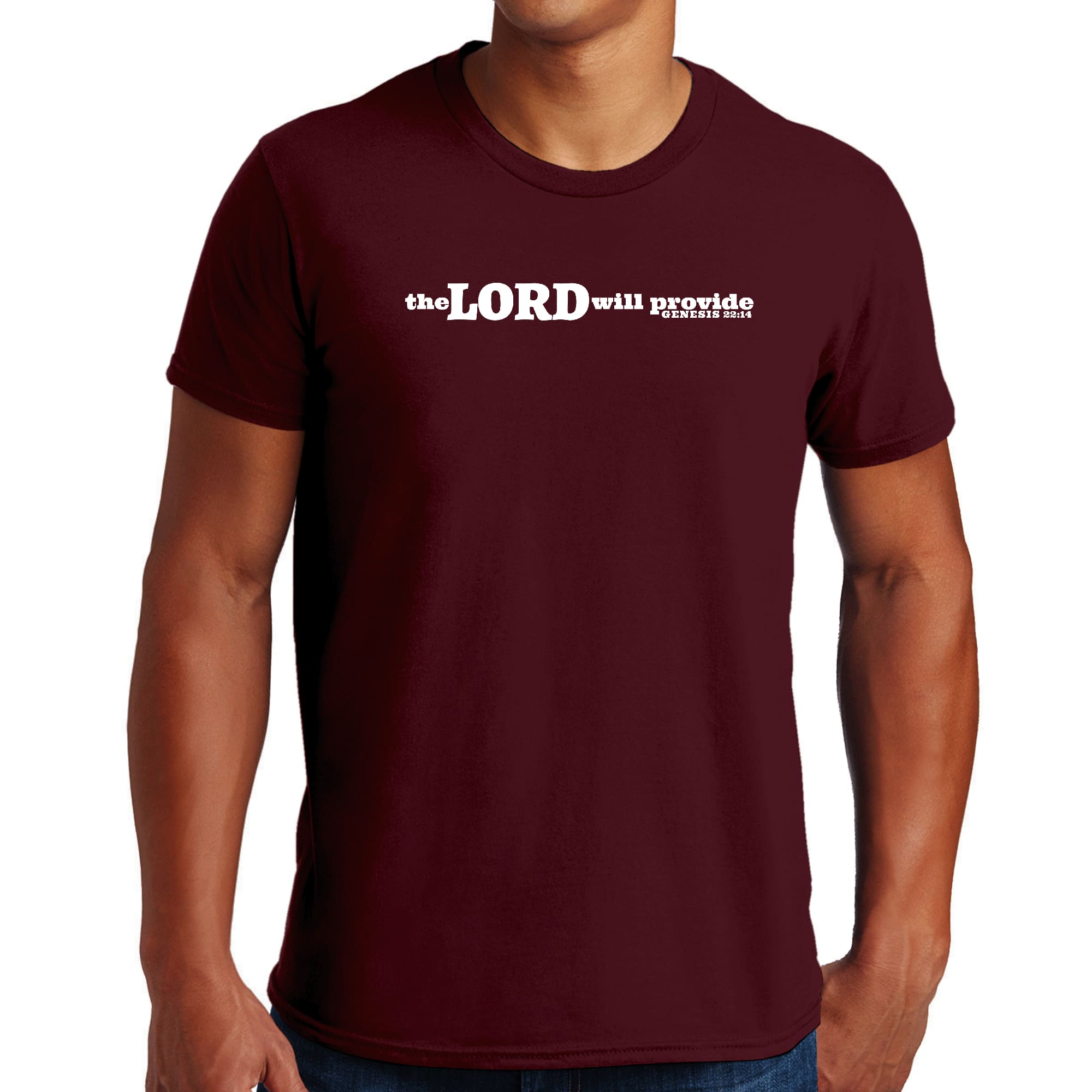 Men's Graphic T-shirt in black featuring 'The Lord Will Provide' print from Genesis 22:14, made from soft preshrunk cotton.